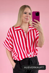 Gestreifte Kurzarm-Bluse MIA in Rot-Rosa mit Kragen aus Baumwolle, Made in Italy – ausverkauft