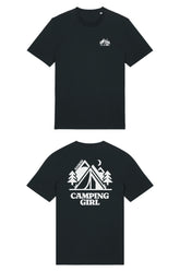 T-Shirt aus 100 % Bio-Baumwolle mit normaler Passform, erhältlich in verschiedenen Farben wie Blue Soul, Cotton Pink, Lavender, Aloe, Weiss und Schwarz. Individuell bedruckbar mit Wunschmotiv. Weiches, angenehm leichtes Material für hohen Tragekomfort. Ideal für einen zeitgemässen, entspannten Look. Mit kleinem Zelt-Motiv, Bäumen und Mond auf der Vorderseite und grossem „CAMPING GIRL“-Print auf dem Rücken.