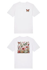 T-Shirt aus 100 % Bio-Baumwolle mit normaler Passform, erhältlich in verschiedenen Farben wie Blue Soul, Cotton Pink, Lavender, Aloe, Weiss und Schwarz. Individuell bedruckbar mit Wunschmotiv. Weiches, angenehm leichtes Material für hohen Tragekomfort. Ideal für einen zeitgemässen, entspannten Look. Vorderseite: Farbiger Schmetterling auf der linken Brust. Rückseite: Buntes Blumen- und Schmetterlingsfeld im Illustrationsstil.