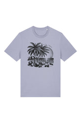 T-Shirt aus 100 % Bio-Baumwolle mit normaler Passform, erhältlich in verschiedenen Farben wie Blue Soul, Cotton Pink, Lavender, Aloe, Weiss und Schwarz. Individuell bedruckbar mit Wunschmotiv. Weiches, angenehm leichtes Material für hohen Tragekomfort. Ideal für einen zeitgemässen, entspannten Look. T-Shirt mit einem detaillierten Strandmotiv mit Palmen, Kokosnüssen und Sonnenuntergang auf der Vorderseite.