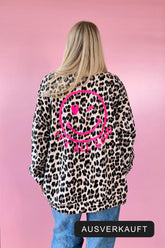 Oversized Sweater GIOIA im Leo-Look mit pinkem Smiley-Backprint, Baumwolle, Made in Italy – ausverkauft