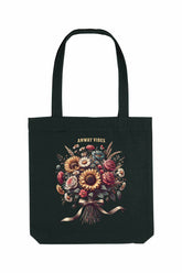 Nachhaltige Tote Bag in Black mit stylischer, floraler Illustration – zeigt einen bunten Blumenstrauss mit dem Schriftzug „ANWAY VIBES“, grosse Stofftasche aus 80% recycelter Baumwolle und 20% recyceltem Polyester, mit langen Henkeln und robustem Schnitt.