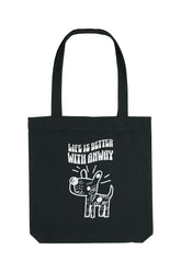 Schwarze Tote Bag mit weissem, handgezeichnetem Hundemotiv und dem Schriftzug „LIFE IS BETTER WITH ANWAY“ – nachhaltige Stofftasche mit langen Henkeln, ideal für den Alltag.