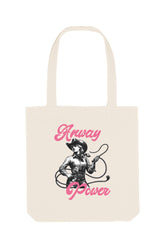 Naturfarbene Tote Bag mit starkem Retro-Cowgirl-Motiv in Schwarz-Weiss und pinkem Schriftzug „Anway Power“ – eine stylische Stofftasche mit femininer Energie und Statement-Charakter.