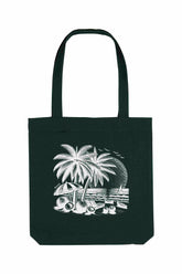 Schwarze Tote Bag mit weissem Sommermotiv: Palmen, Kokosnüsse, Sonnenschirm und Strand bei Sonnenuntergang – eine stilvolle Strandtasche mit tropischem Flair und Retro-Illustration.