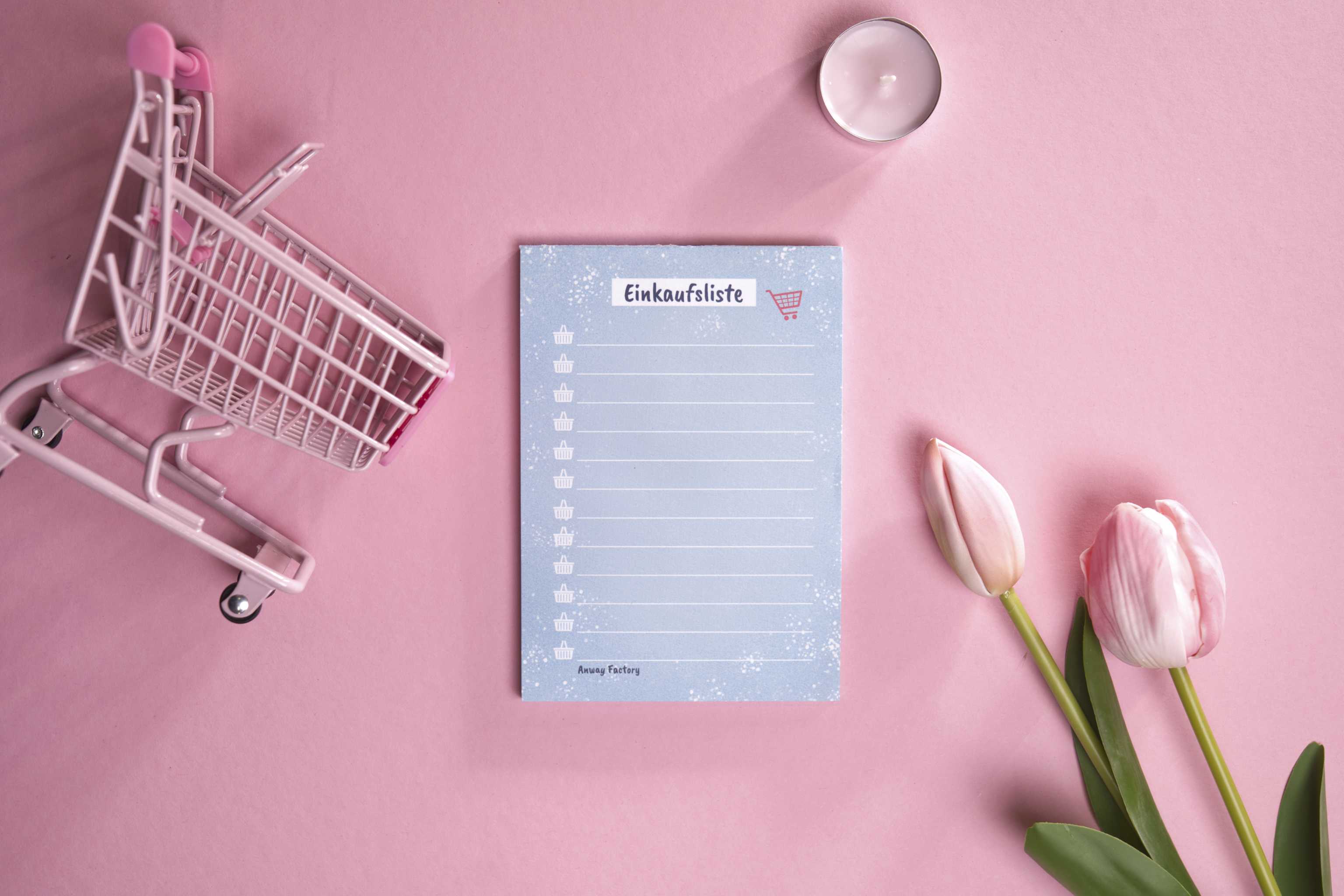 Einkaufsliste SHOPPING CART im handlichen A6-Hochformat mit 50 Blättern. Liebevoll gestalteter Notizblock für strukturierte Einkaufsplanung – perfekt zum Notieren von Besorgungen und To-dos im Alltag.