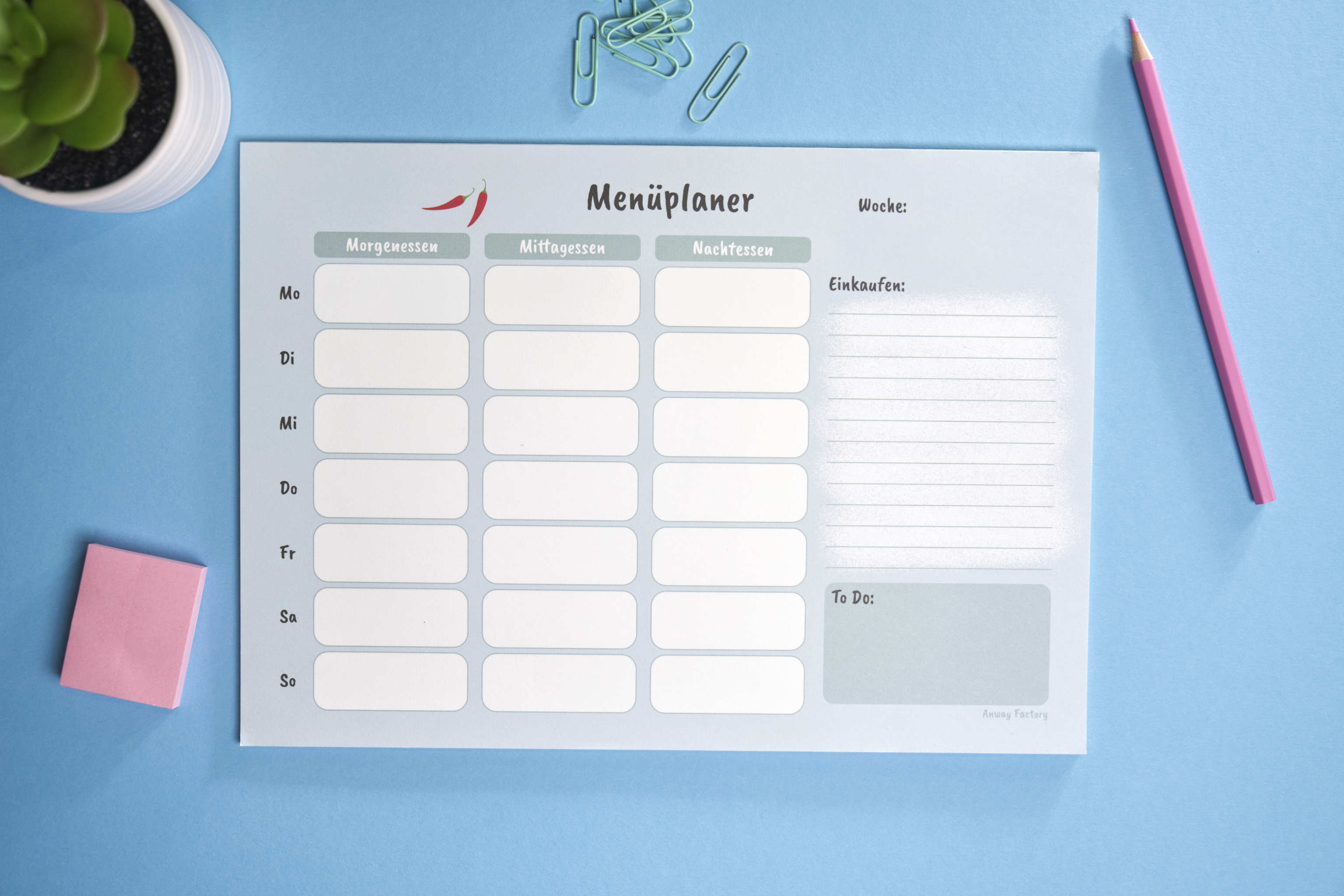 Praktischer A4-Menüplaner CHILLI im Querformat mit 25 Blatt. Übersichtlicher Essensplaner mit liebevoll gestaltetem Design und Platz für Mahlzeiten, Einkaufslisten und To-Dos – ideal zur Wochenplanung und Organisation im Alltag.