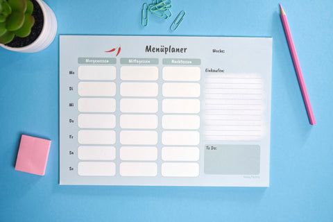 Praktischer A4-Menüplaner CHILLI im Querformat mit 25 Blatt. Übersichtlicher Essensplaner mit liebevoll gestaltetem Design und Platz für Mahlzeiten, Einkaufslisten und To-Dos – ideal zur Wochenplanung und Organisation im Alltag.