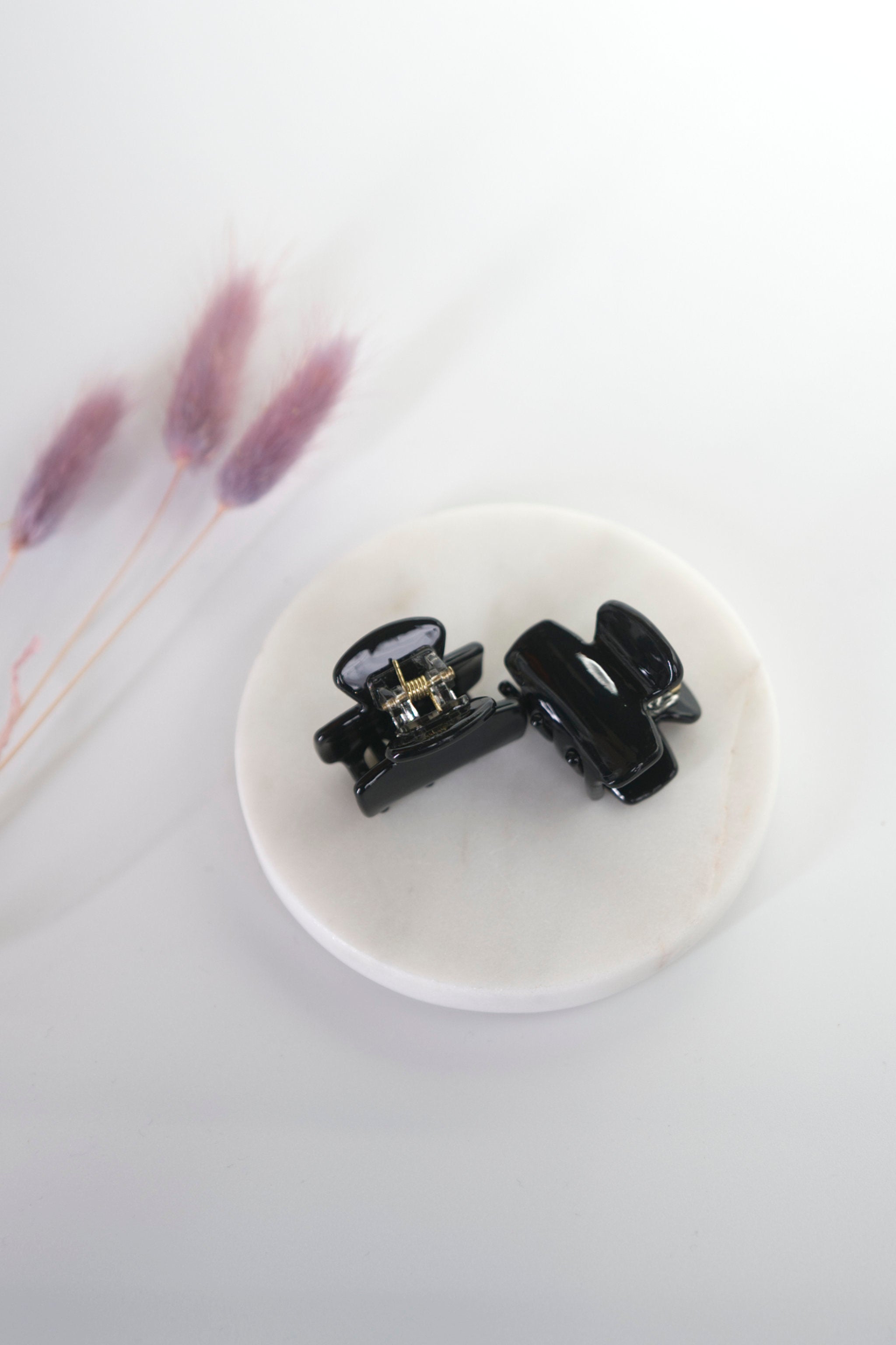 Mini Haarklammern in schwarz im 2er-Set – stylische und praktische Haaraccessoires zum Zurückstecken von Strähnen, ideal für kreative Frisuren.