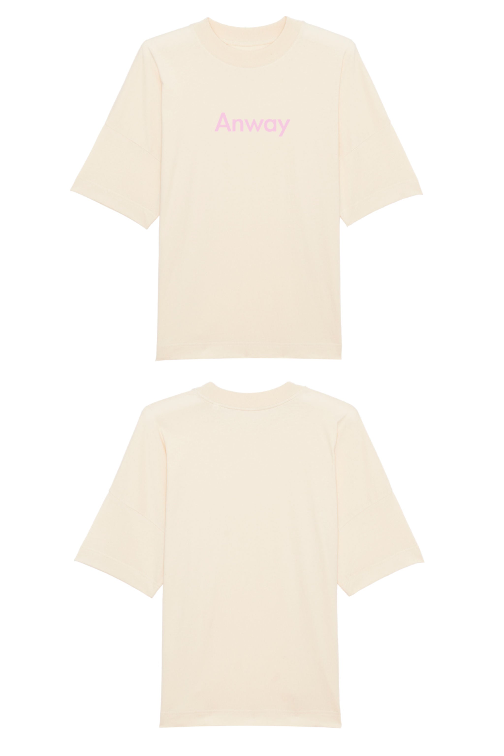 Oversized T-Shirt aus 100 % Bio-Baumwolle mit weitem, modernem Schnitt, erhältlich in Schwarz, Weiss und Natur. Individuell gestaltbar mit Wunschmotiv und frei wählbarer Platzierung. Weiche Qualität, überschnittene Ärmelansätze und lässiger Style für maximalen Tragekomfort. Mit Anway-Schriftzug in serifenloser, fetter Schrift auf der Vorderseite.