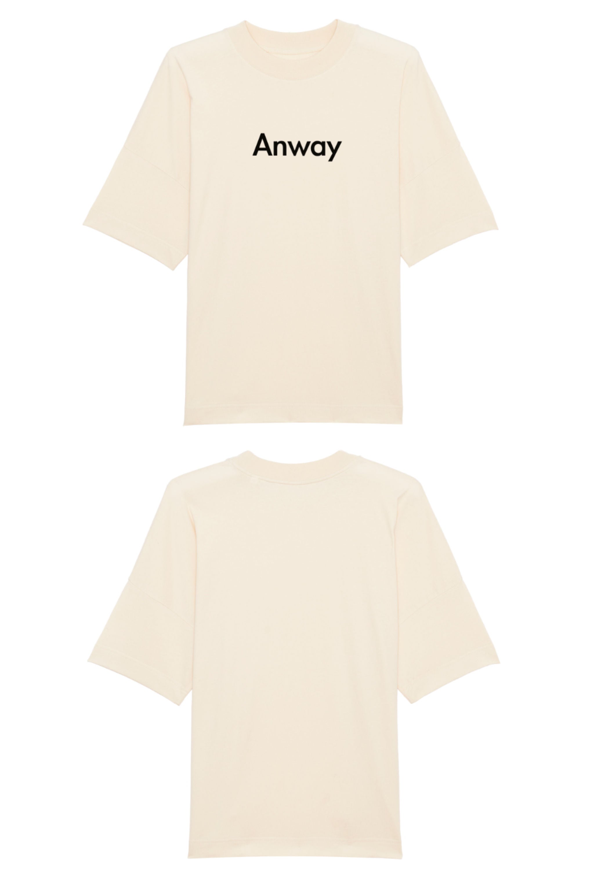 Oversized T-Shirt aus 100 % Bio-Baumwolle mit weitem, modernem Schnitt, erhältlich in Schwarz, Weiss und Natur. Individuell gestaltbar mit Wunschmotiv und frei wählbarer Platzierung. Weiche Qualität, überschnittene Ärmelansätze und lässiger Style für maximalen Tragekomfort. Mit Anway-Schriftzug in serifenloser, fetter Schrift auf der Vorderseite.