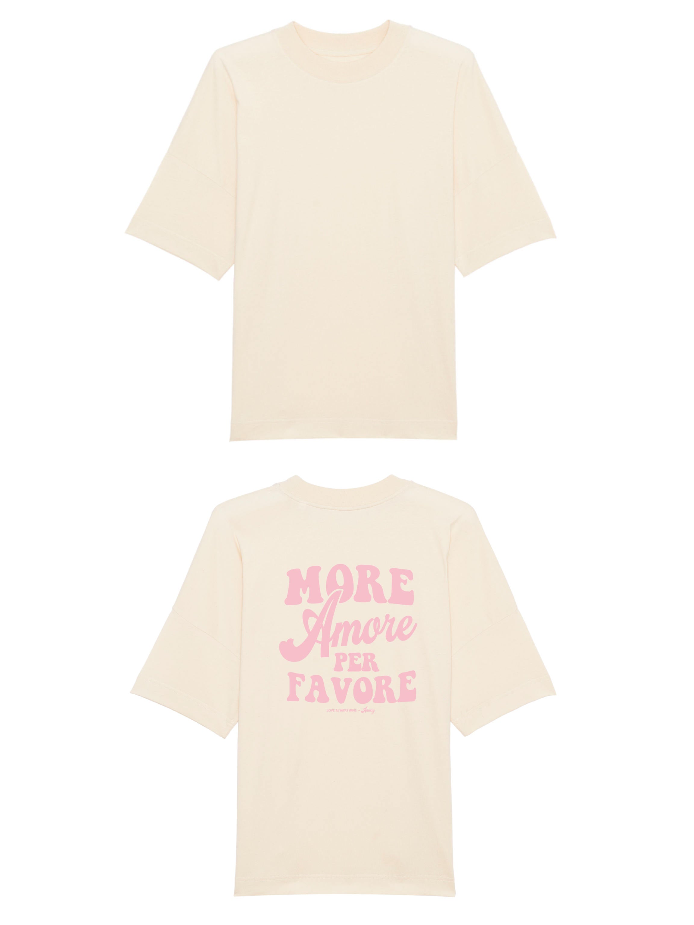 Unisex T-Shirt Oversized aus 100% Bio-Baumwolle Natural Raw natur mit rosa Print Aufdruck More Amore Per Favore