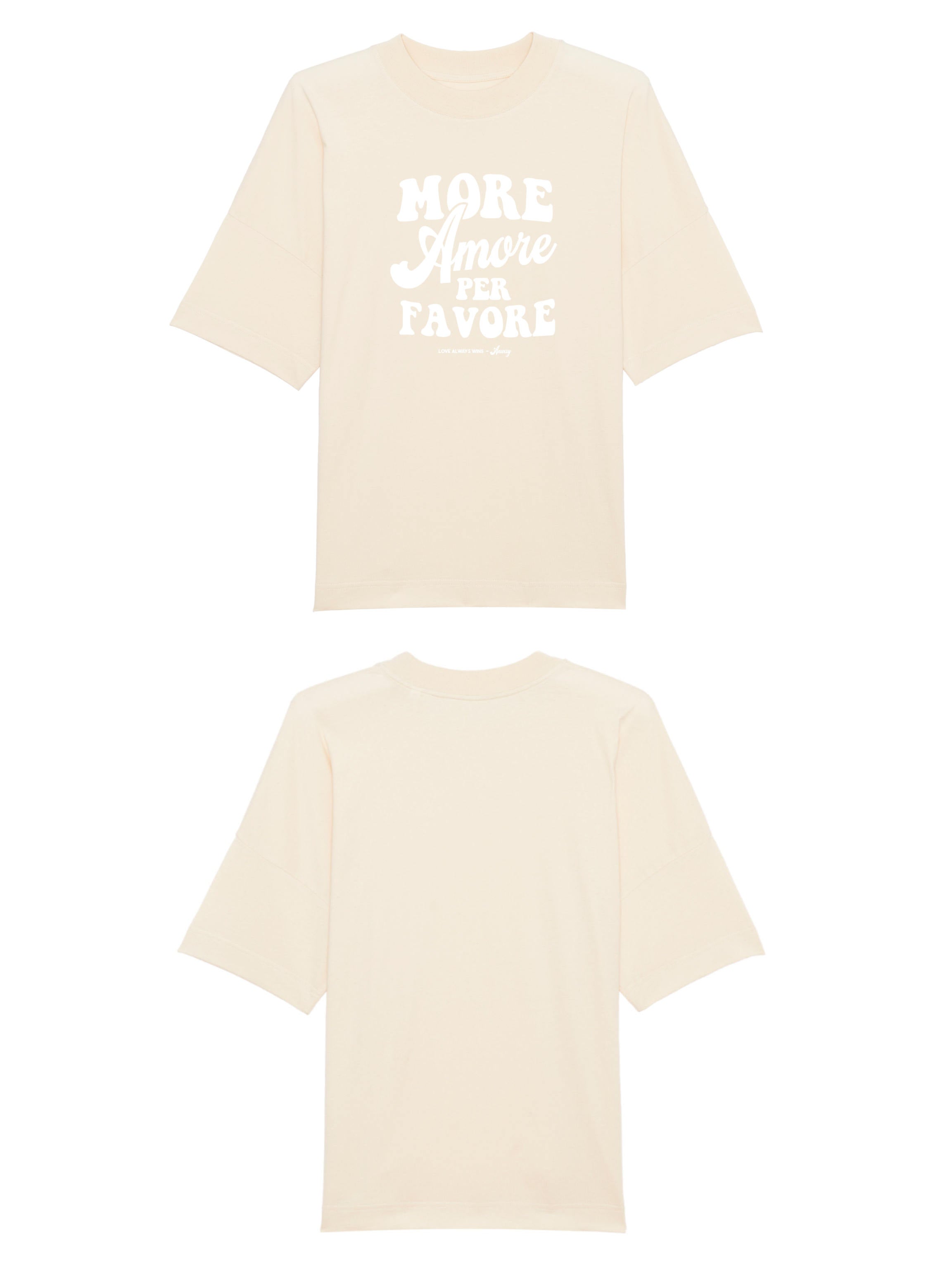 Unisex T-Shirt Oversized aus 100% Bio-Baumwolle Natural Raw natur mit weissem Print Aufdruck More Amore Per Favore