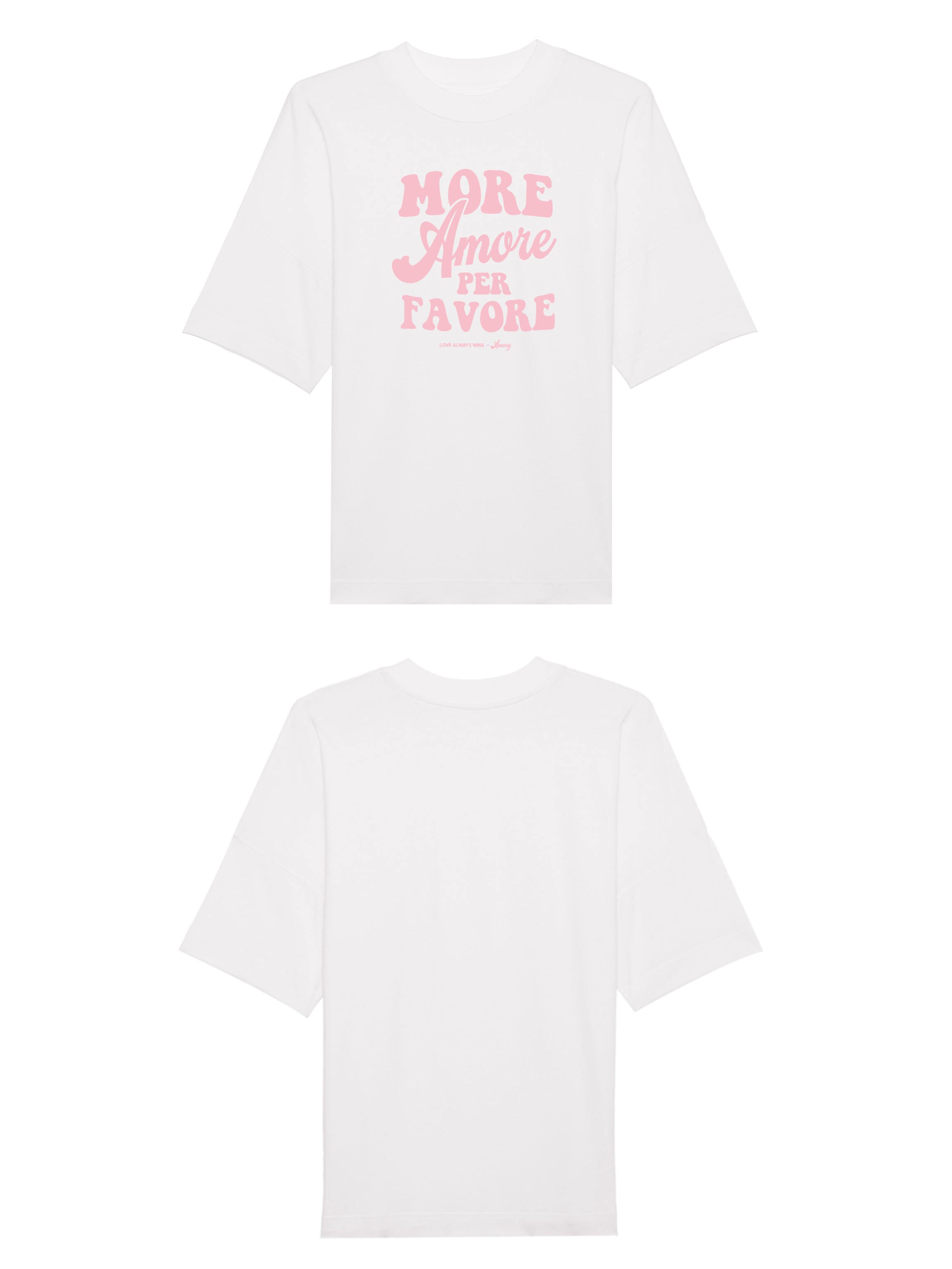 Unisex T-Shirt Oversized aus 100% Bio-Baumwolle White weiss mit rosa Print Aufdruck More Amore Per Favore