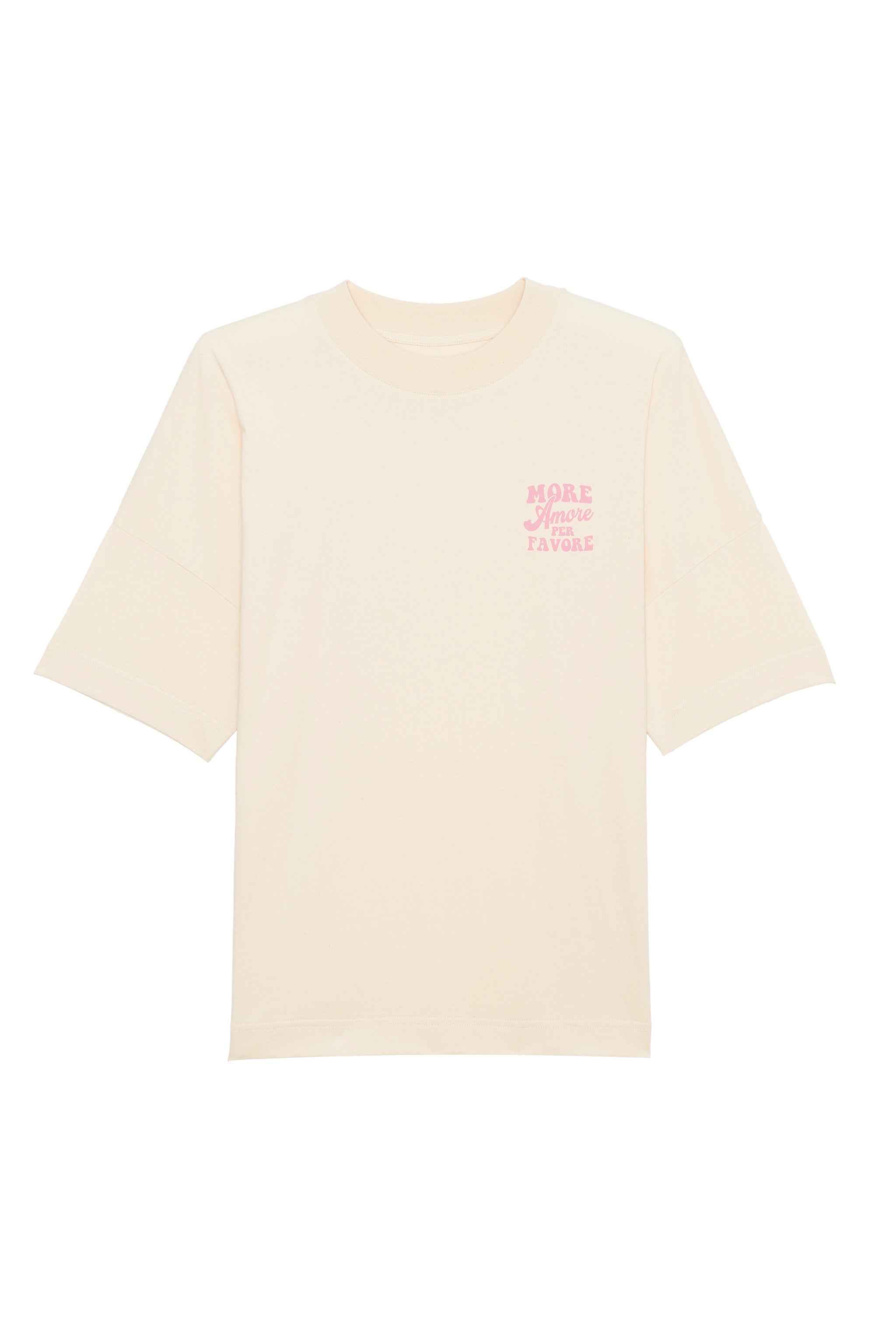 Unisex T-Shirt Oversized aus 100% Bio-Baumwolle Natural Raw natur mit rosa Print Aufdruck More Amore Per Favore