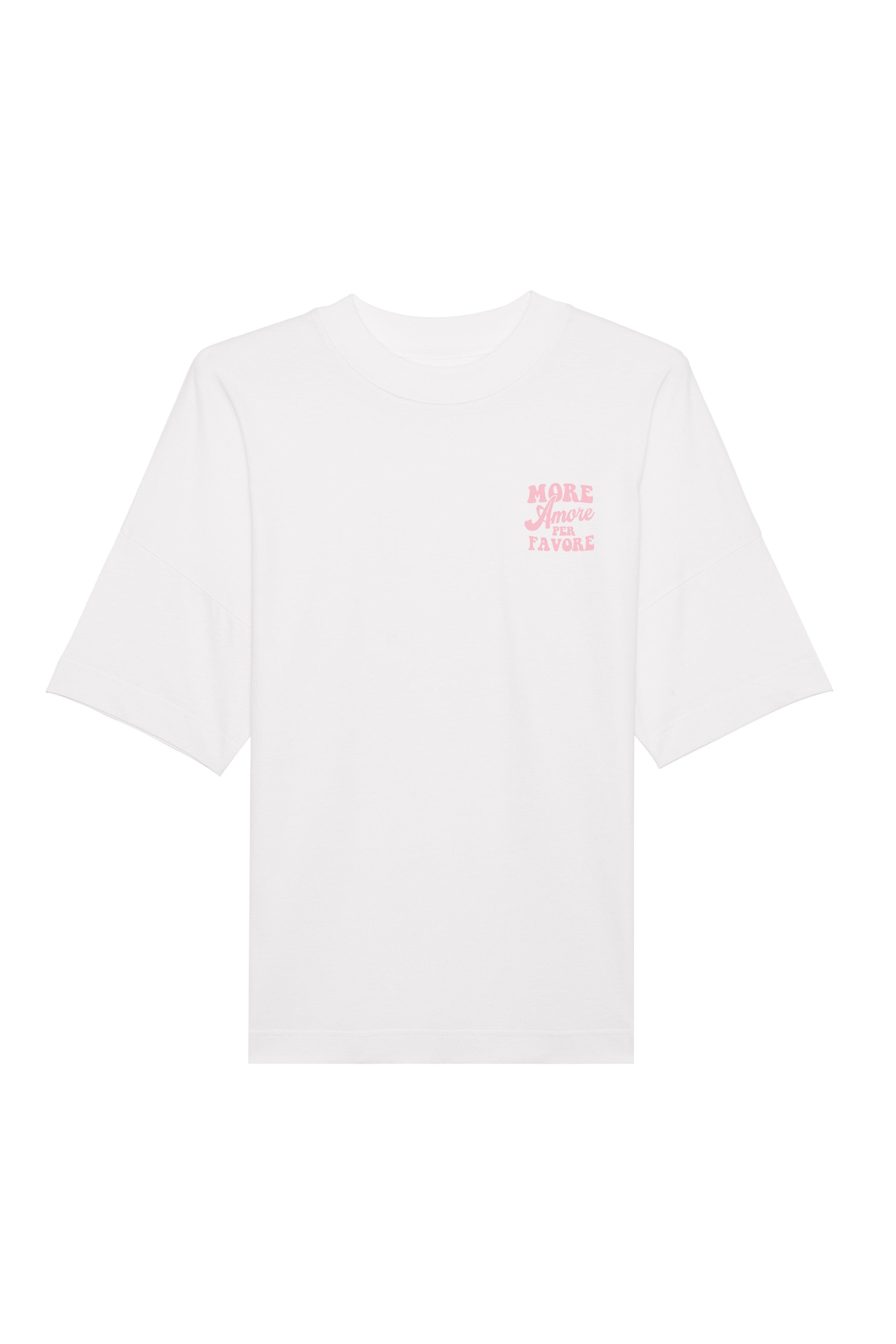 Unisex T-Shirt Oversized aus 100% Bio-Baumwolle White weiss mit rosa Print Aufdruck More Amore Per Favore
