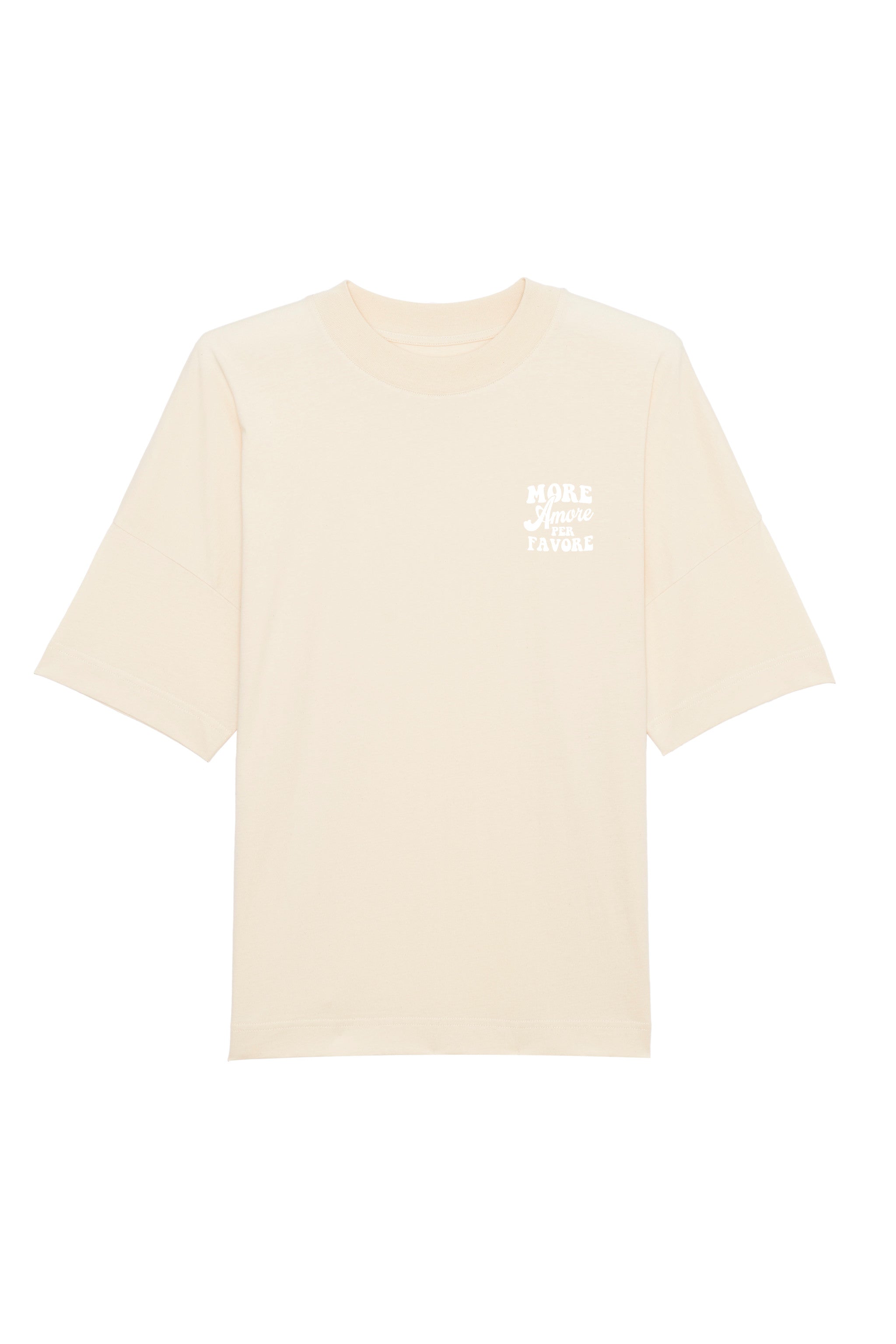 Unisex T-Shirt Oversized aus 100% Bio-Baumwolle Natural Raw natur mit weissem Print Aufdruck More Amore Per Favore