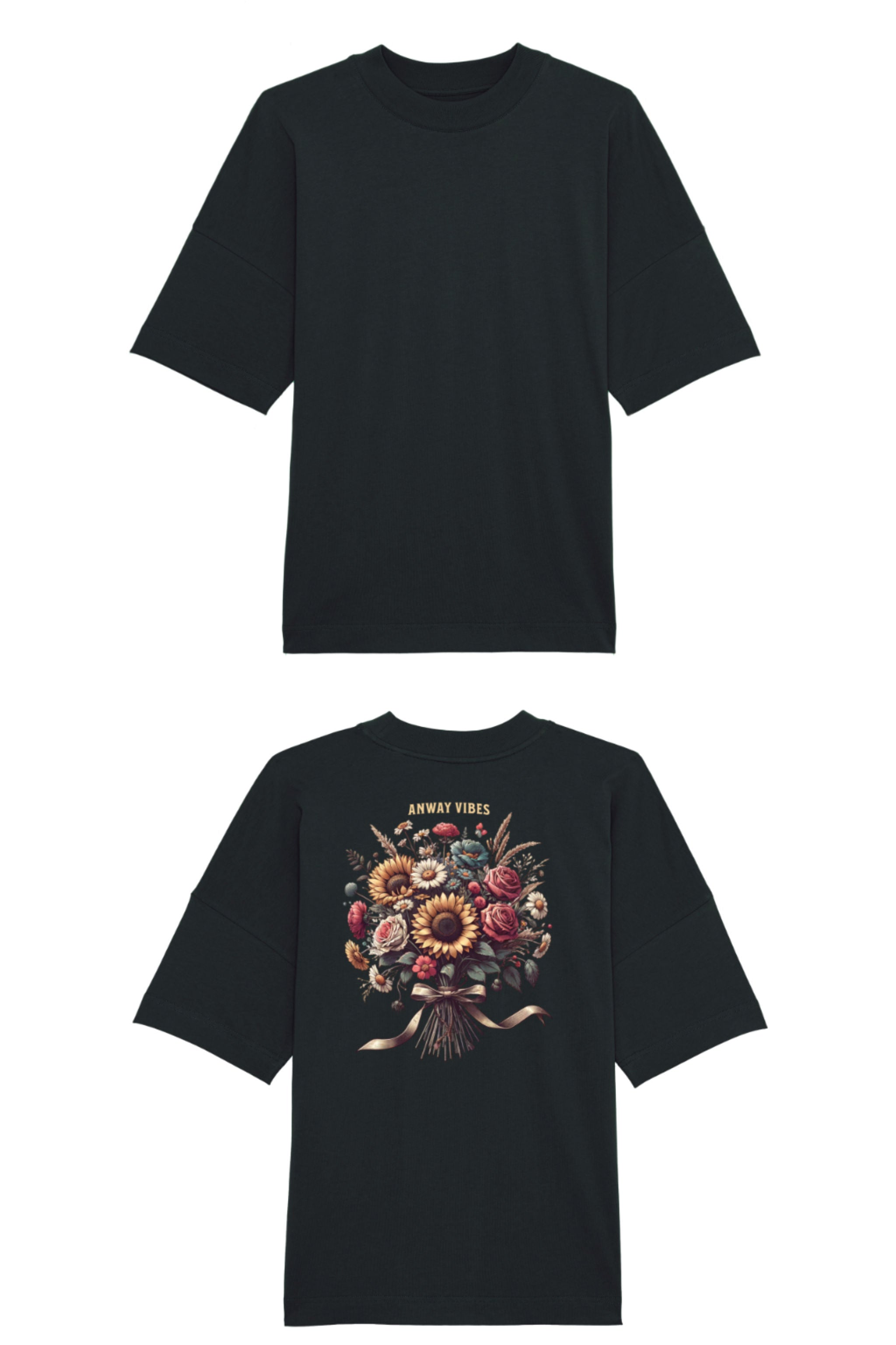 Oversized T-Shirt aus 100 % Bio-Baumwolle mit weitem, modernem Schnitt, erhältlich in Schwarz, Weiss und Natur. Individuell gestaltbar mit Wunschmotiv und frei wählbarer Platzierung. Weiche Qualität, überschnittene Ärmelansätze und lässiger Style für maximalen Tragekomfort. Mit grossem buntem Blumenstrauss auf dem Rücken und „ANWAY VIBES“-Schriftzug.