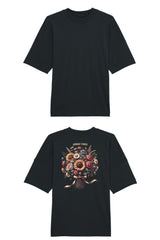 Oversized T-Shirt aus 100 % Bio-Baumwolle mit weitem, modernem Schnitt, erhältlich in Schwarz, Weiss und Natur. Individuell gestaltbar mit Wunschmotiv und frei wählbarer Platzierung. Weiche Qualität, überschnittene Ärmelansätze und lässiger Style für maximalen Tragekomfort. Mit grossem buntem Blumenstrauss auf dem Rücken und „ANWAY VIBES“-Schriftzug.