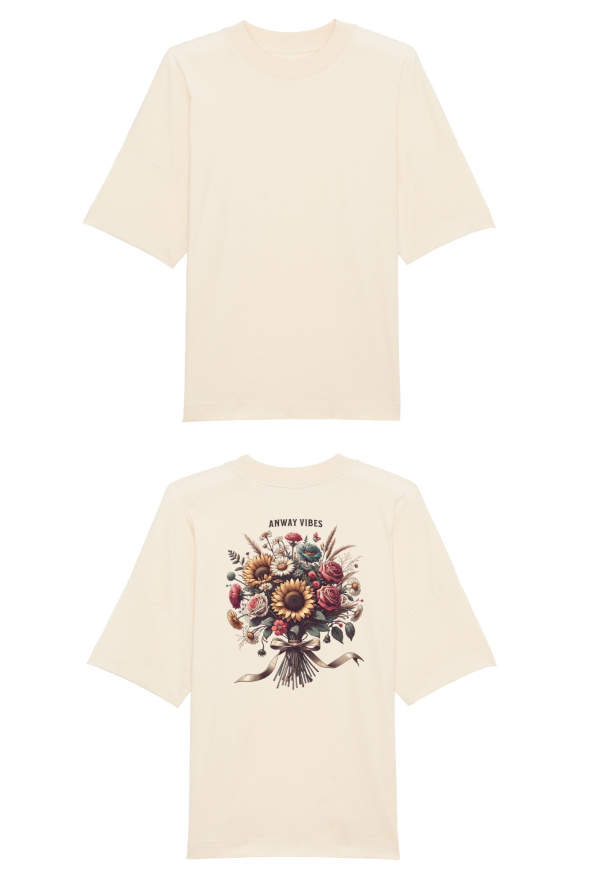 Oversized T-Shirt aus 100 % Bio-Baumwolle mit weitem, modernem Schnitt, erhältlich in Schwarz, Weiss und Natur. Individuell gestaltbar mit Wunschmotiv und frei wählbarer Platzierung. Weiche Qualität, überschnittene Ärmelansätze und lässiger Style für maximalen Tragekomfort. Mit grossem buntem Blumenstrauss auf dem Rücken und „ANWAY VIBES“-Schriftzug.