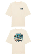 Oversized T-Shirt aus 100 % Bio-Baumwolle mit weitem, modernem Schnitt, erhältlich in Schwarz, Weiss und Natur. Individuell gestaltbar mit Wunschmotiv und frei wählbarer Platzierung. Weiche Qualität, überschnittene Ärmelansätze und lässiger Style für maximalen Tragekomfort. Mit Retro-Bus-Print, Palmen und „HEY HO LET'S GO“-Schriftzug.