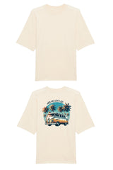 Oversized T-Shirt aus 100 % Bio-Baumwolle mit weitem, modernem Schnitt, erhältlich in Schwarz, Weiss und Natur. Individuell gestaltbar mit Wunschmotiv und frei wählbarer Platzierung. Weiche Qualität, überschnittene Ärmelansätze und lässiger Style für maximalen Tragekomfort. Mit Retro-Bus-Print, Palmen und „HEY HO LET'S GO“-Schriftzug.