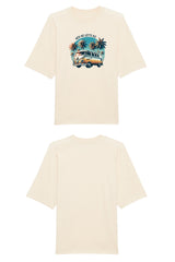 Oversized T-Shirt aus 100 % Bio-Baumwolle mit weitem, modernem Schnitt, erhältlich in Schwarz, Weiss und Natur. Individuell gestaltbar mit Wunschmotiv und frei wählbarer Platzierung. Weiche Qualität, überschnittene Ärmelansätze und lässiger Style für maximalen Tragekomfort. Mit Retro-Bus-Print, Palmen und „HEY HO LET'S GO“-Schriftzug.