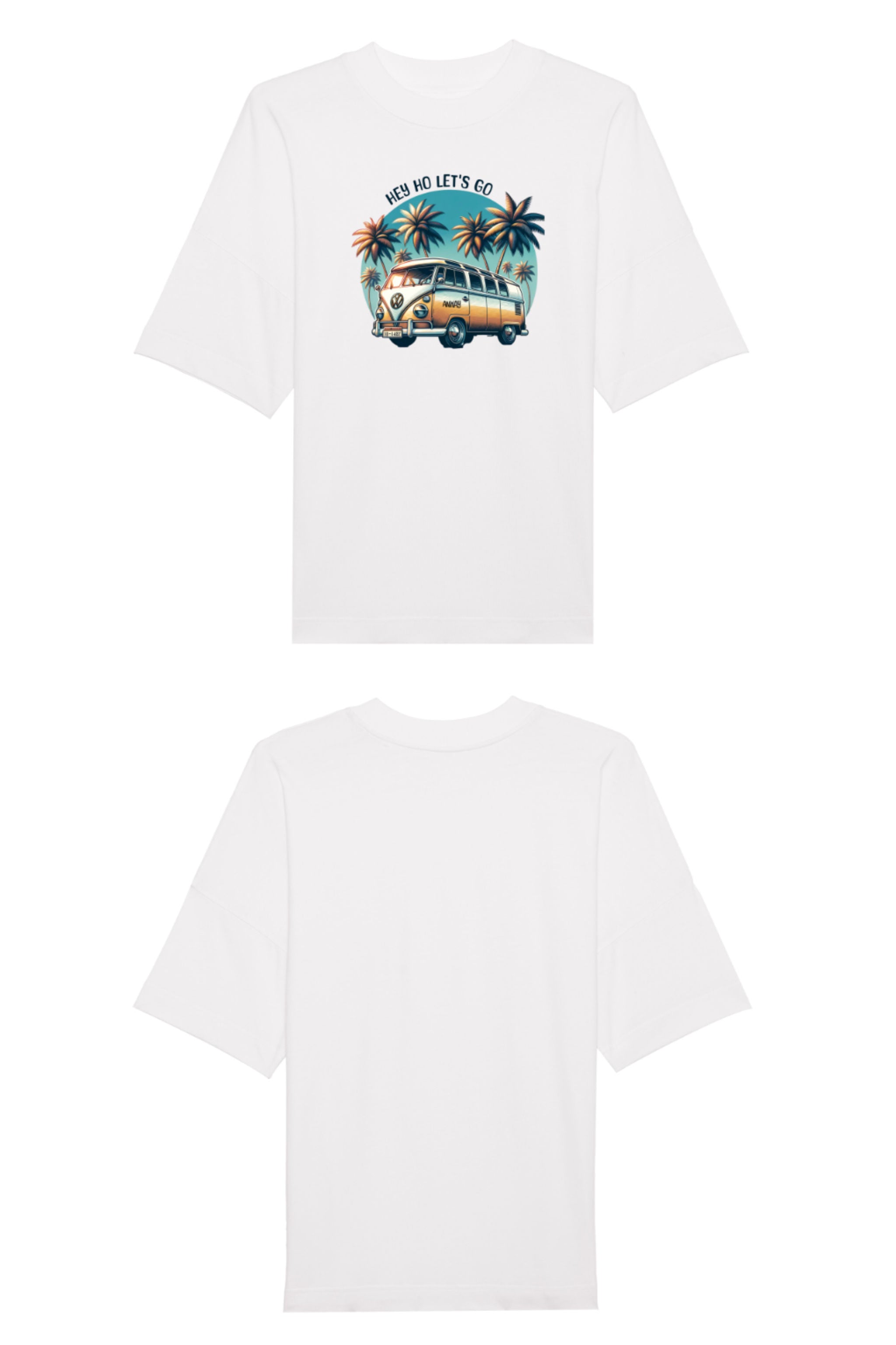 Oversized T-Shirt aus 100 % Bio-Baumwolle mit weitem, modernem Schnitt, erhältlich in Schwarz, Weiss und Natur. Individuell gestaltbar mit Wunschmotiv und frei wählbarer Platzierung. Weiche Qualität, überschnittene Ärmelansätze und lässiger Style für maximalen Tragekomfort. Mit Retro-Bus-Print, Palmen und „HEY HO LET'S GO“-Schriftzug.