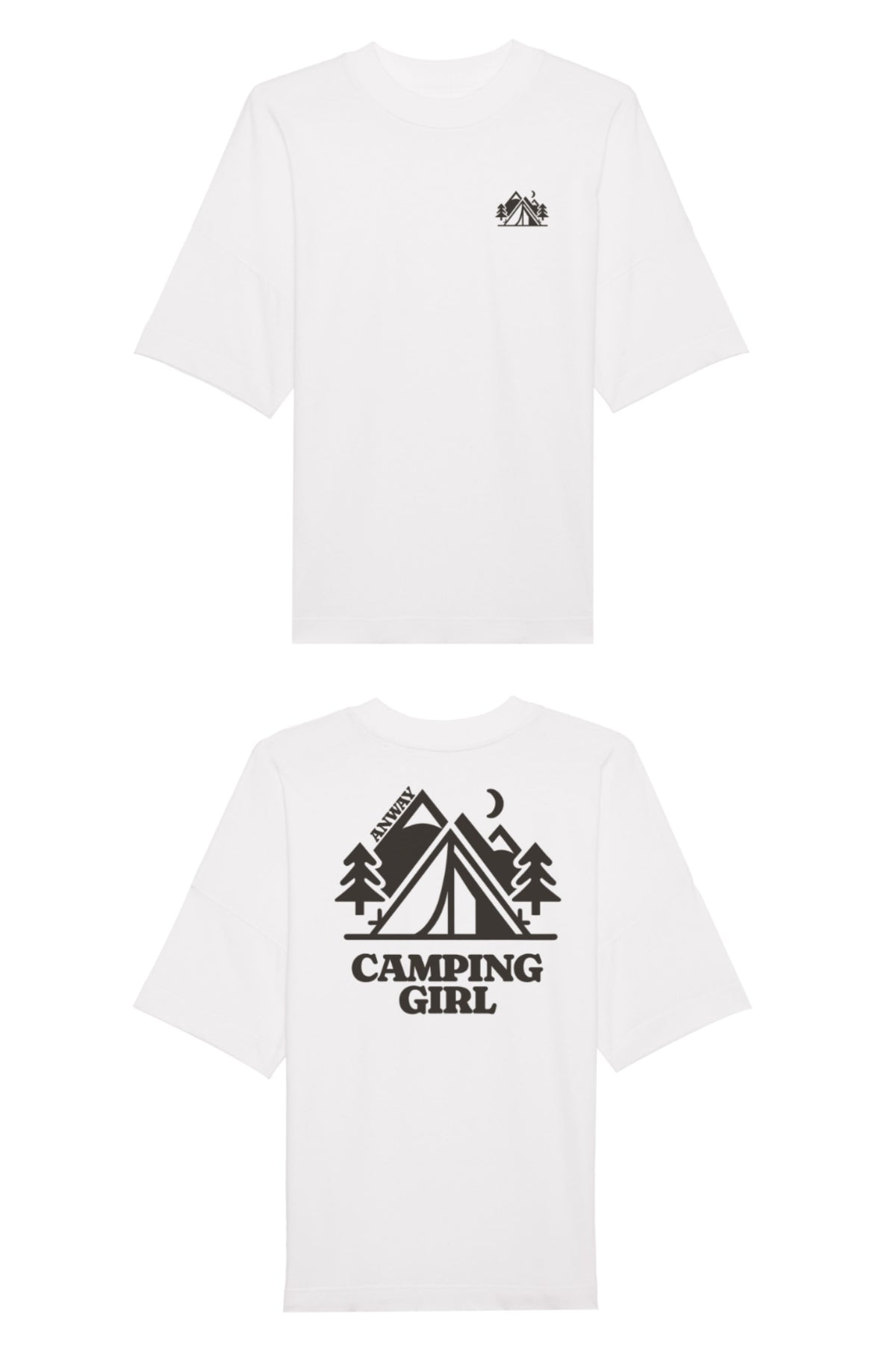 Oversized T-Shirt aus 100 % Bio-Baumwolle mit weitem, modernem Schnitt, erhältlich in Schwarz, Weiss und Natur. Individuell gestaltbar mit Wunschmotiv und frei wählbarer Platzierung. Weiche Qualität, überschnittene Ärmelansätze und lässiger Style für maximalen Tragekomfort. Mit kleinem Zelt-Motiv auf der Vorderseite und grossem „CAMPING GIRL“-Print auf dem Rücken