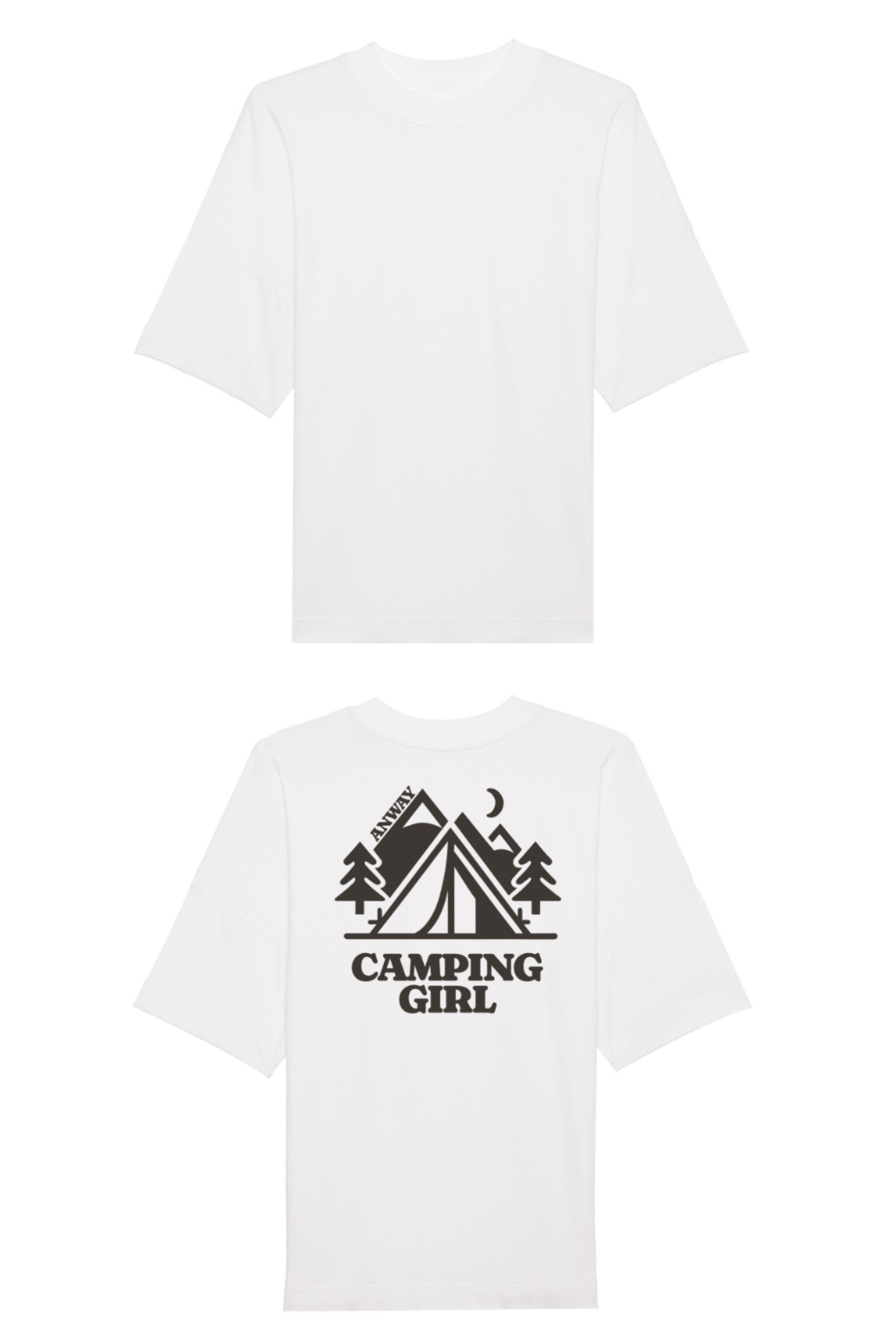 Oversized T-Shirt aus 100 % Bio-Baumwolle mit weitem, modernem Schnitt, erhältlich in Schwarz, Weiss und Natur. Individuell gestaltbar mit Wunschmotiv und frei wählbarer Platzierung. Weiche Qualität, überschnittene Ärmelansätze und lässiger Style für maximalen Tragekomfort. Mit Zelt-Motiv und „CAMPING GIRL“-Print auf der Rückseite.