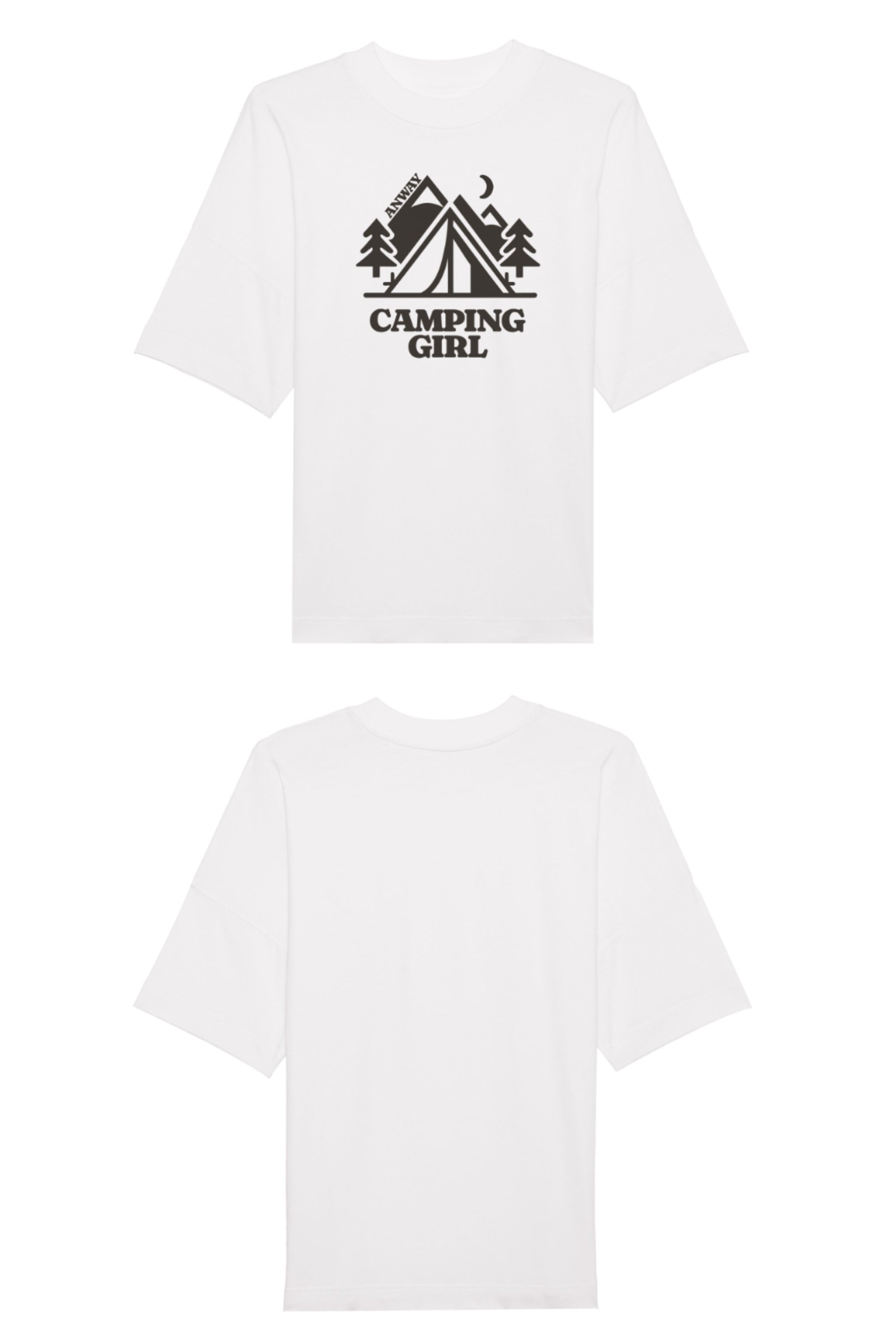Oversized T-Shirt aus 100 % Bio-Baumwolle mit weitem, modernem Schnitt, erhältlich in Schwarz, Weiss und Natur. Individuell gestaltbar mit Wunschmotiv und frei wählbarer Platzierung. Weiche Qualität, überschnittene Ärmelansätze und lässiger Style für maximalen Tragekomfort. Mit Zelt-Motiv und „CAMPING GIRL“-Print auf der Vorderseite.