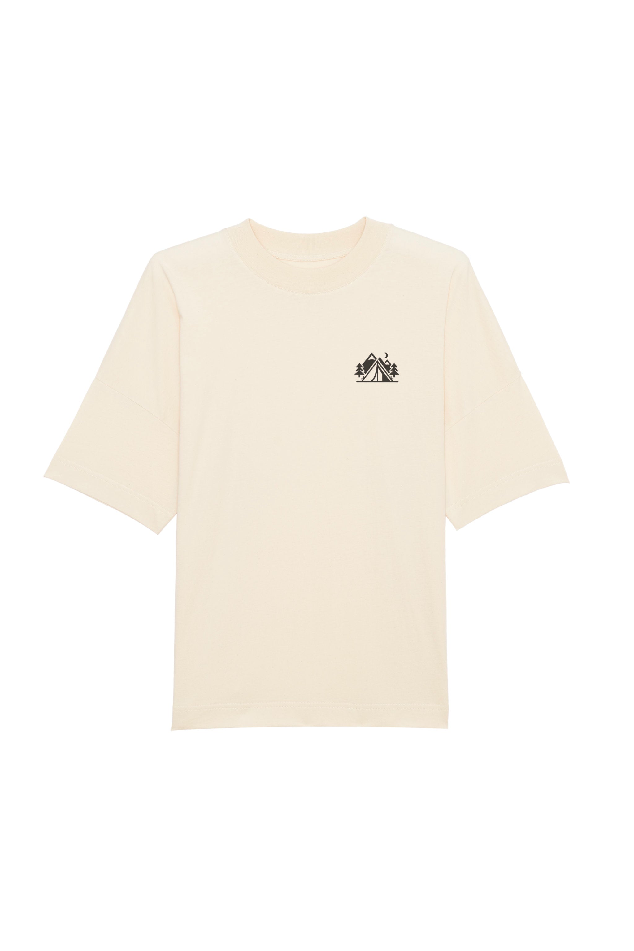 Oversized T-Shirt aus 100 % Bio-Baumwolle mit weitem, modernem Schnitt, erhältlich in Schwarz, Weiss und Natur. Individuell gestaltbar mit Wunschmotiv und frei wählbarer Platzierung. Weiche Qualität, überschnittene Ärmelansätze und lässiger Style für maximalen Tragekomfort. Mit kleinem Zelt-Motiv auf der Vorderseite und grossem „CAMPING GIRL“-Print auf dem Rücken