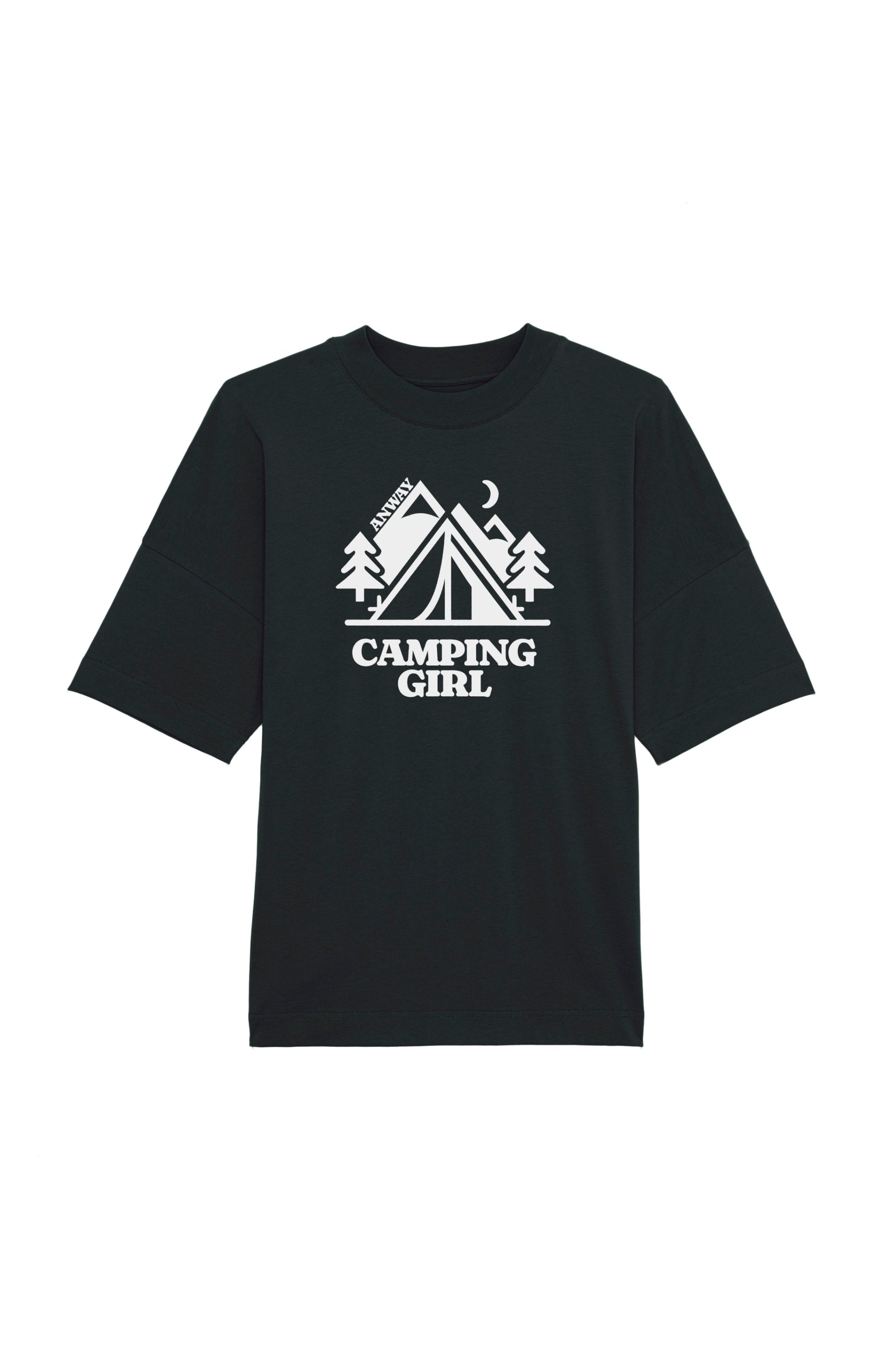 Oversized T-Shirt aus 100 % Bio-Baumwolle mit weitem, modernem Schnitt, erhältlich in Schwarz, Weiss und Natur. Individuell gestaltbar mit Wunschmotiv und frei wählbarer Platzierung. Weiche Qualität, überschnittene Ärmelansätze und lässiger Style für maximalen Tragekomfort. Mit Zelt-Motiv und „CAMPING GIRL“-Print auf der Vorderseite.