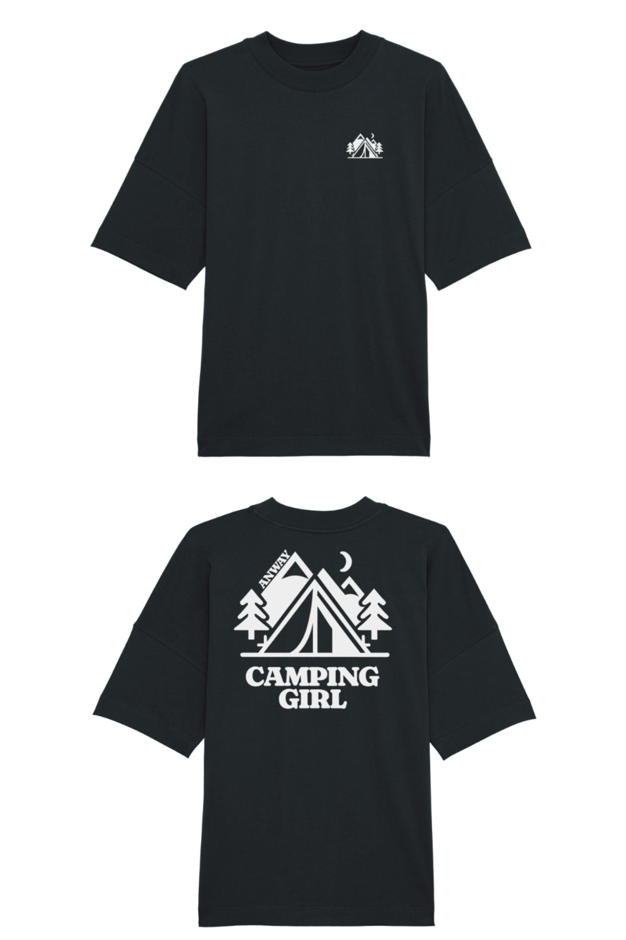 Oversized T-Shirt aus 100 % Bio-Baumwolle mit weitem, modernem Schnitt, erhältlich in Schwarz, Weiss und Natur. Individuell gestaltbar mit Wunschmotiv und frei wählbarer Platzierung. Weiche Qualität, überschnittene Ärmelansätze und lässiger Style für maximalen Tragekomfort. Mit kleinem Zelt-Motiv auf der Vorderseite und grossem „CAMPING GIRL“-Print auf dem Rücken