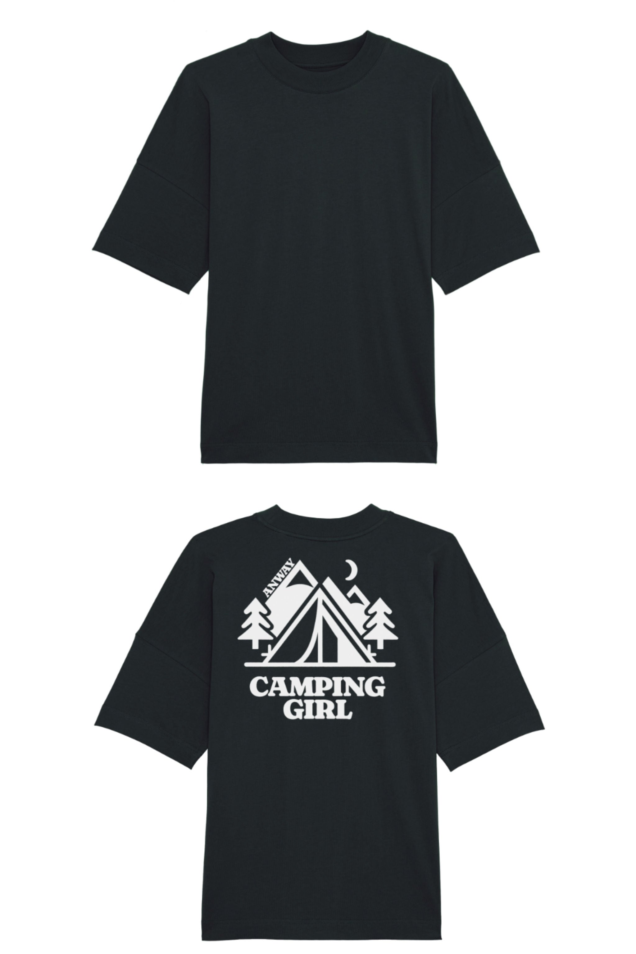 Oversized T-Shirt aus 100 % Bio-Baumwolle mit weitem, modernem Schnitt, erhältlich in Schwarz, Weiss und Natur. Individuell gestaltbar mit Wunschmotiv und frei wählbarer Platzierung. Weiche Qualität, überschnittene Ärmelansätze und lässiger Style für maximalen Tragekomfort. Mit Zelt-Motiv und „CAMPING GIRL“-Print auf der Rückseite.