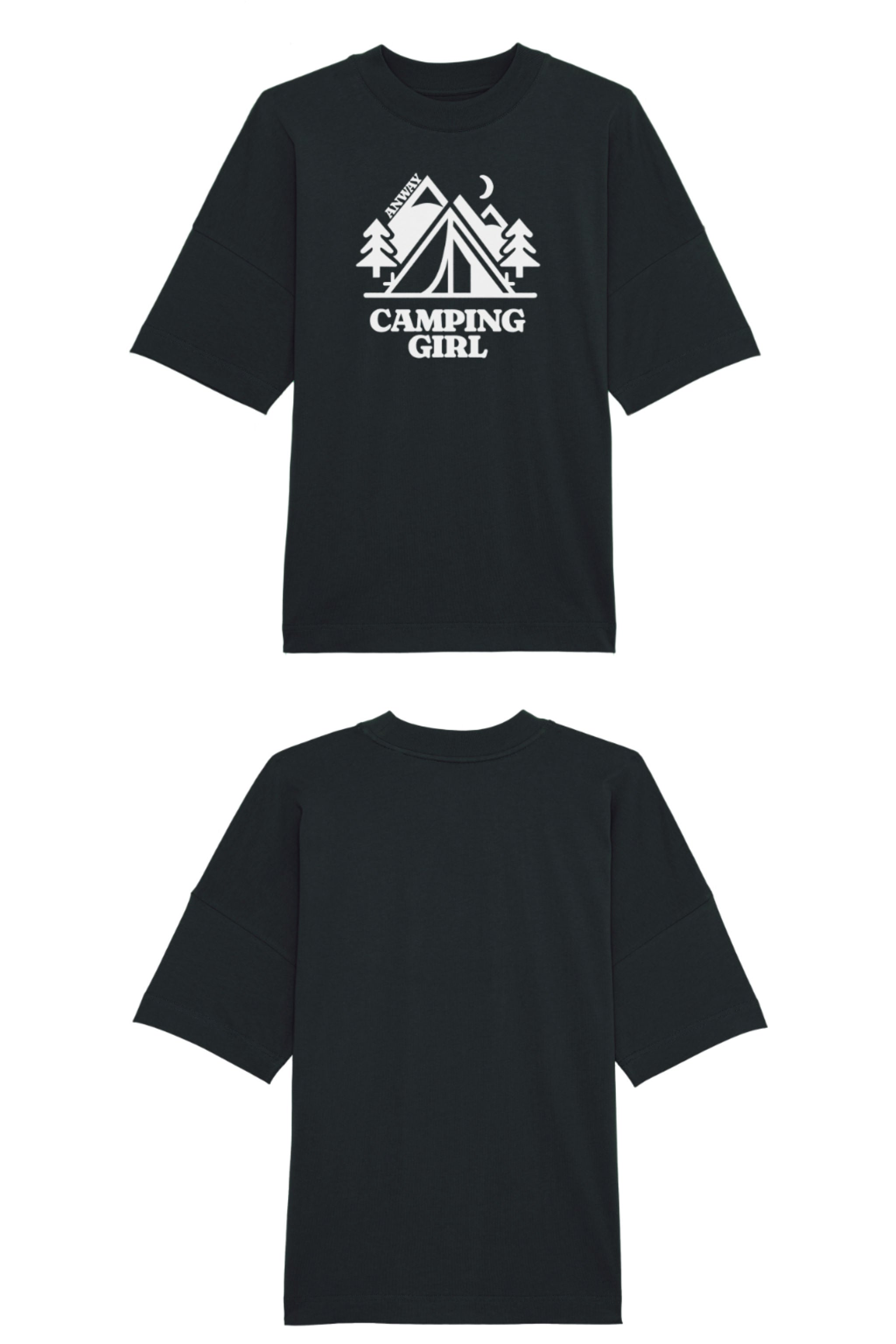 Oversized T-Shirt aus 100 % Bio-Baumwolle mit weitem, modernem Schnitt, erhältlich in Schwarz, Weiss und Natur. Individuell gestaltbar mit Wunschmotiv und frei wählbarer Platzierung. Weiche Qualität, überschnittene Ärmelansätze und lässiger Style für maximalen Tragekomfort. Mit Zelt-Motiv und „CAMPING GIRL“-Print auf der Vorderseite.