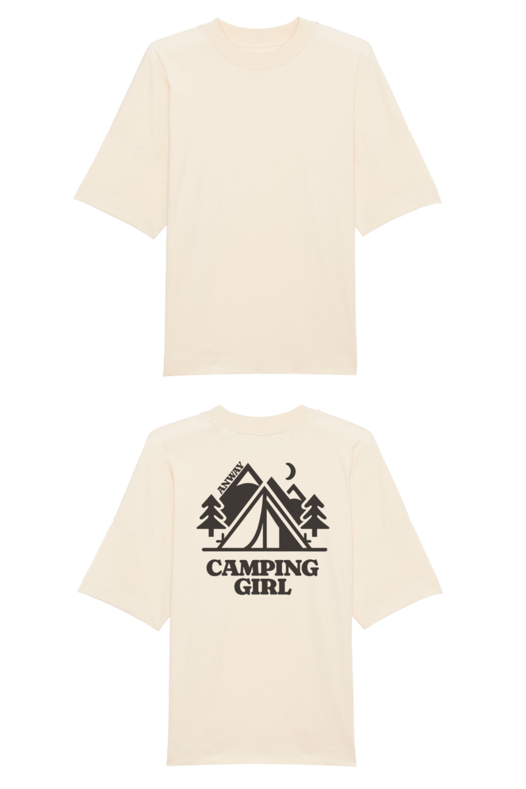 Oversized T-Shirt aus 100 % Bio-Baumwolle mit weitem, modernem Schnitt, erhältlich in Schwarz, Weiss und Natur. Individuell gestaltbar mit Wunschmotiv und frei wählbarer Platzierung. Weiche Qualität, überschnittene Ärmelansätze und lässiger Style für maximalen Tragekomfort. Mit Zelt-Motiv und „CAMPING GIRL“-Print auf der Rückseite.