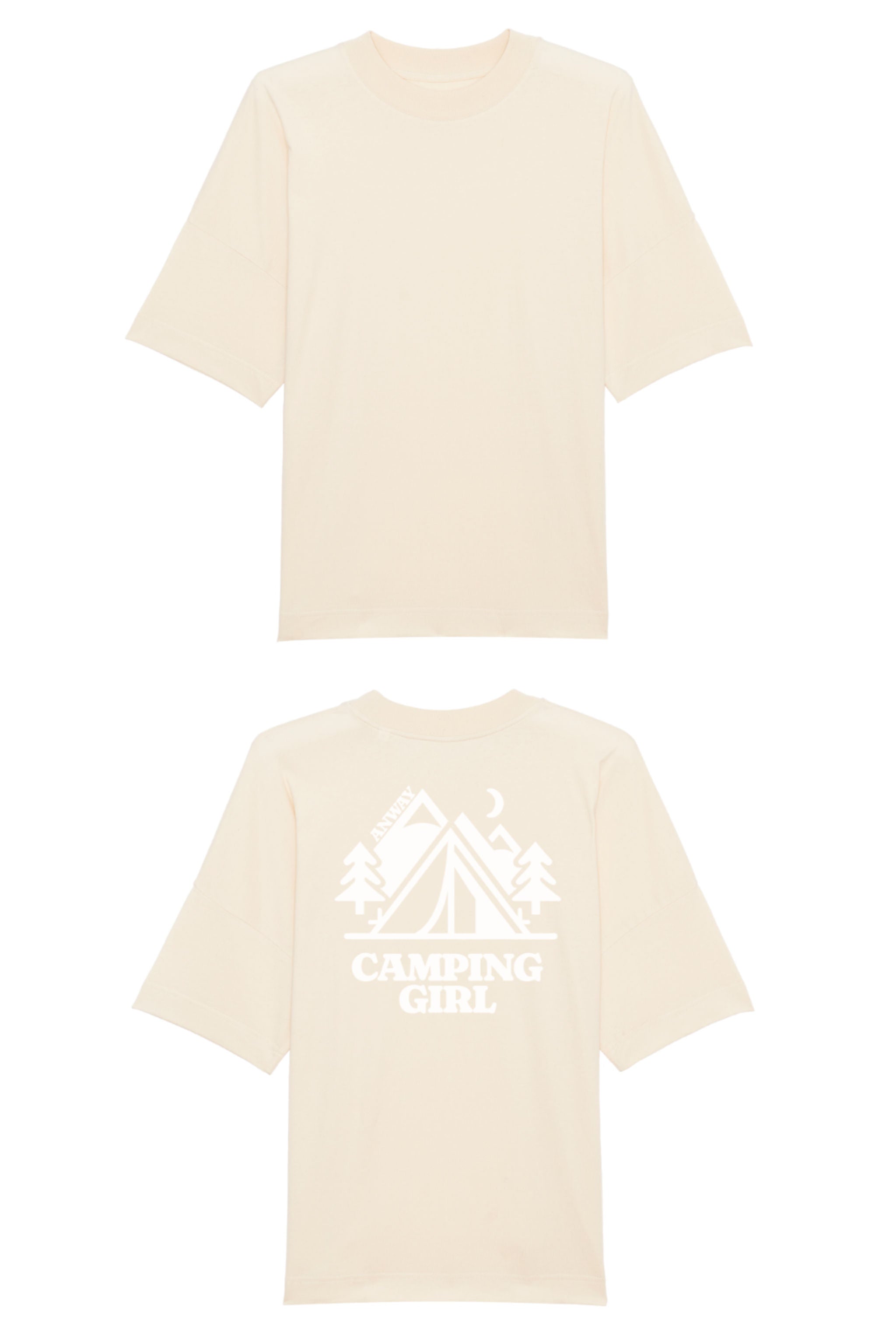 Oversized T-Shirt aus 100 % Bio-Baumwolle mit weitem, modernem Schnitt, erhältlich in Schwarz, Weiss und Natur. Individuell gestaltbar mit Wunschmotiv und frei wählbarer Platzierung. Weiche Qualität, überschnittene Ärmelansätze und lässiger Style für maximalen Tragekomfort. Mit Zelt-Motiv und „CAMPING GIRL“-Print auf der Rückseite.