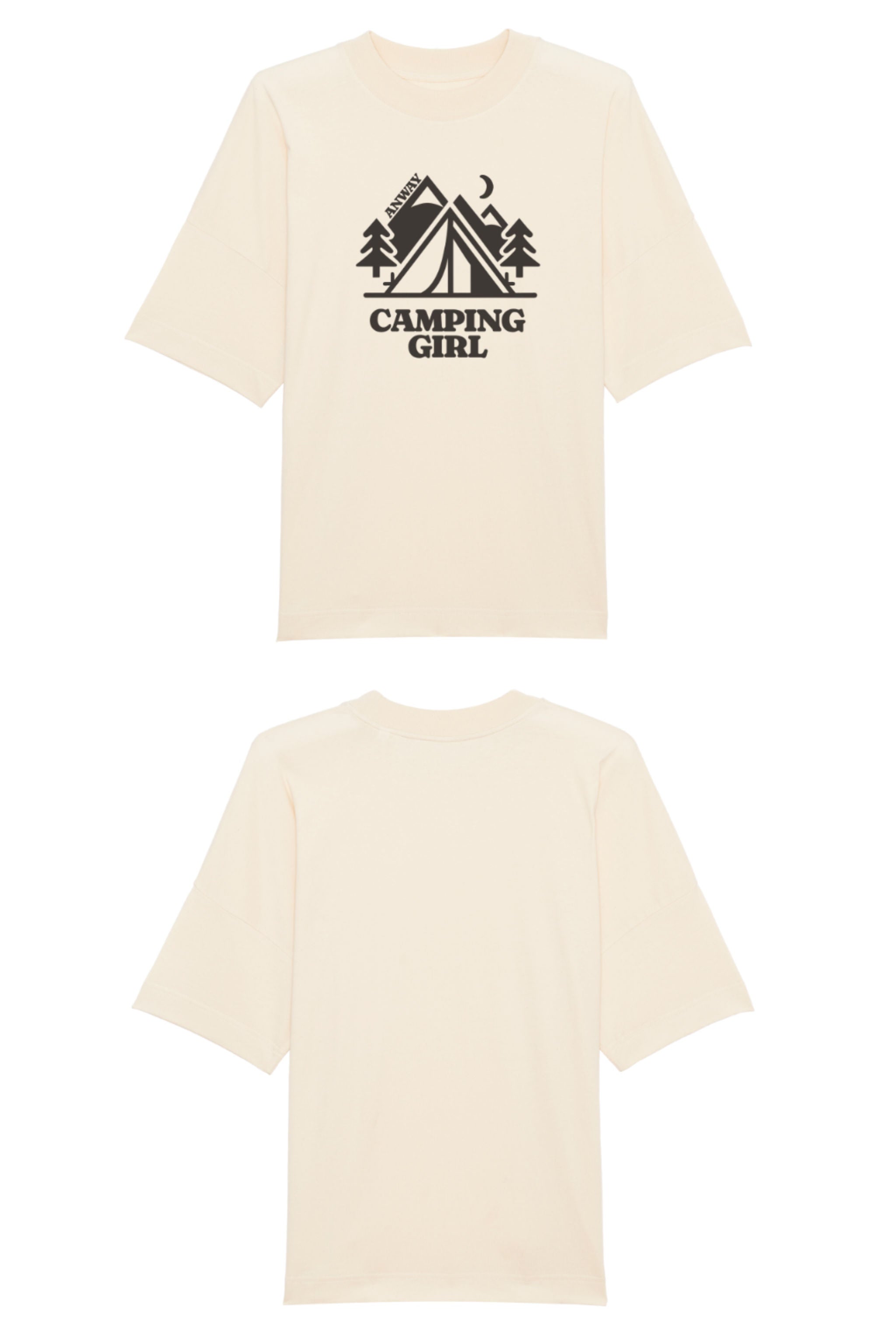 Oversized T-Shirt aus 100 % Bio-Baumwolle mit weitem, modernem Schnitt, erhältlich in Schwarz, Weiss und Natur. Individuell gestaltbar mit Wunschmotiv und frei wählbarer Platzierung. Weiche Qualität, überschnittene Ärmelansätze und lässiger Style für maximalen Tragekomfort. Mit Zelt-Motiv und „CAMPING GIRL“-Print auf der Vorderseite.