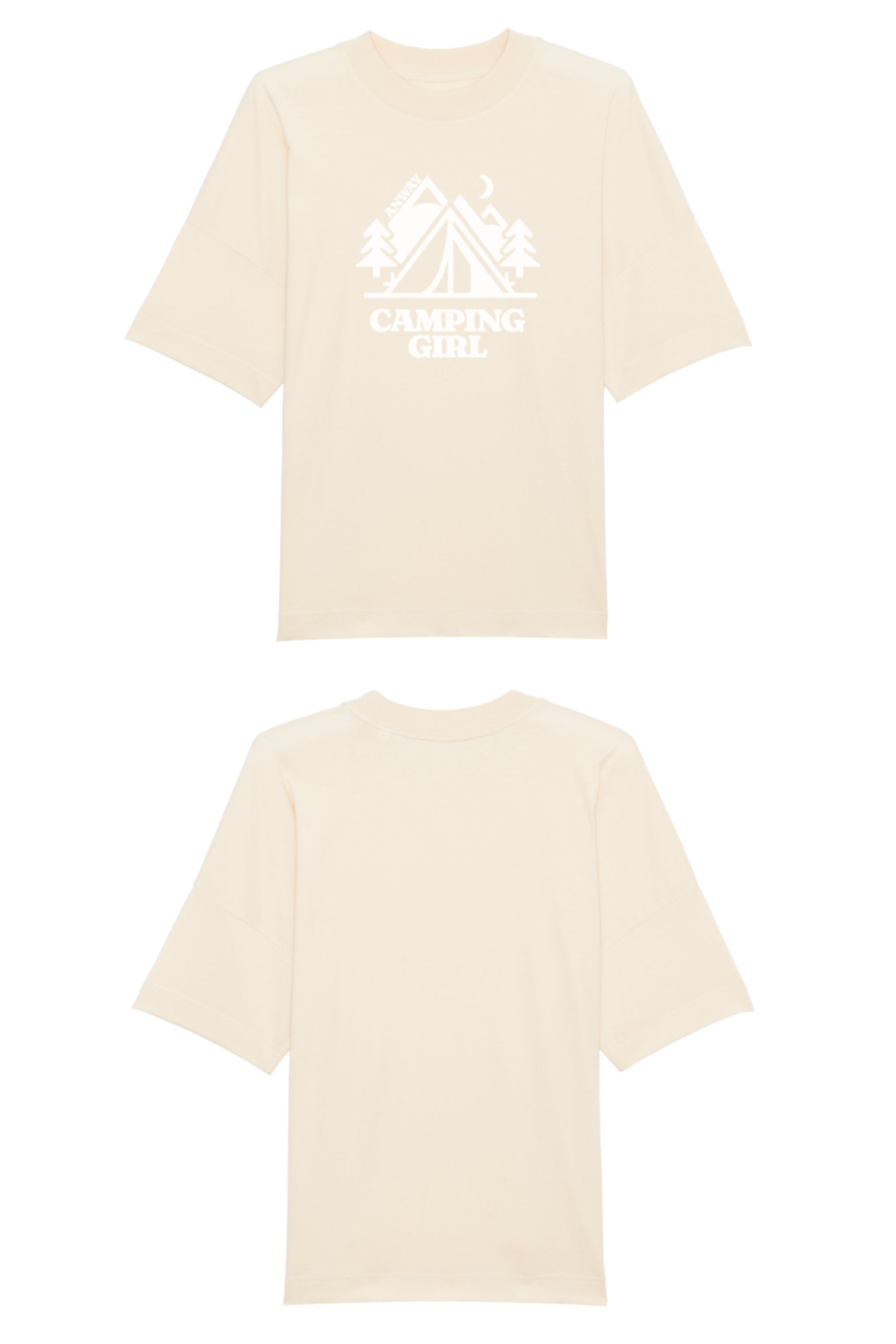 Oversized T-Shirt aus 100 % Bio-Baumwolle mit weitem, modernem Schnitt, erhältlich in Schwarz, Weiss und Natur. Individuell gestaltbar mit Wunschmotiv und frei wählbarer Platzierung. Weiche Qualität, überschnittene Ärmelansätze und lässiger Style für maximalen Tragekomfort. Mit Zelt-Motiv und „CAMPING GIRL“-Print auf der Vorderseite.