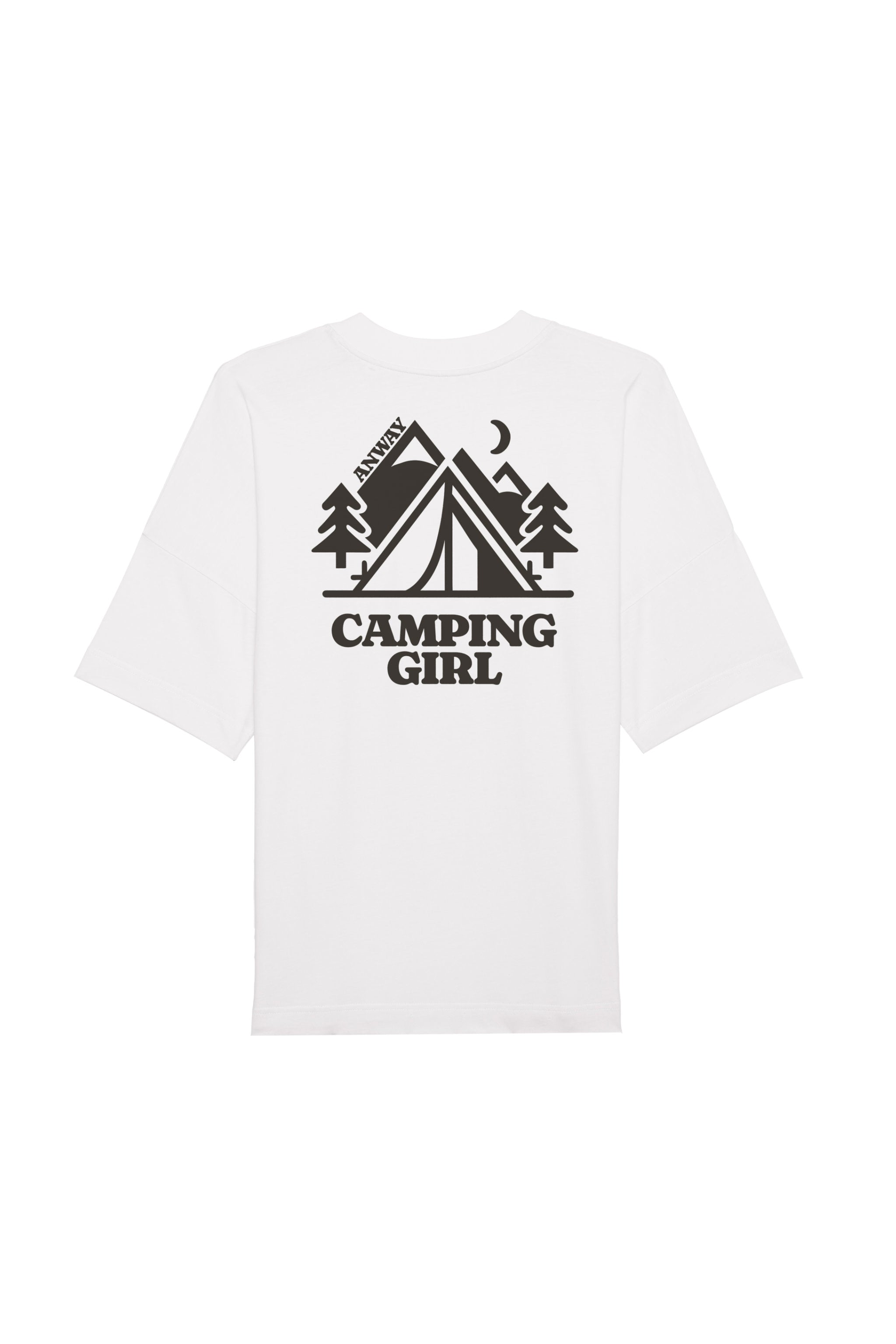 Oversized T-Shirt aus 100 % Bio-Baumwolle mit weitem, modernem Schnitt, erhältlich in Schwarz, Weiss und Natur. Individuell gestaltbar mit Wunschmotiv und frei wählbarer Platzierung. Weiche Qualität, überschnittene Ärmelansätze und lässiger Style für maximalen Tragekomfort. Mit Zelt-Motiv und „CAMPING GIRL“-Print auf der Rückseite.