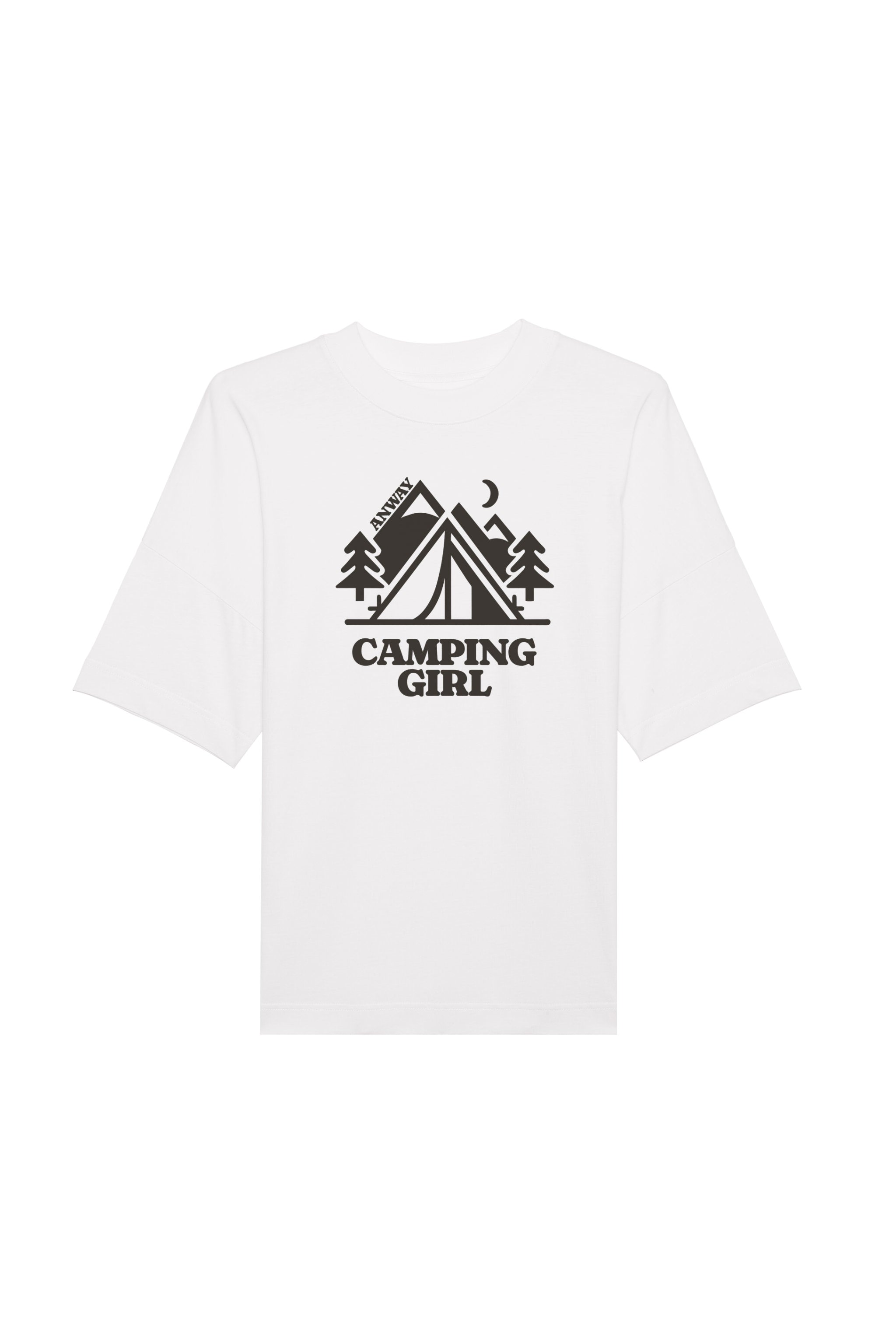 Oversized T-Shirt aus 100 % Bio-Baumwolle mit weitem, modernem Schnitt, erhältlich in Schwarz, Weiss und Natur. Individuell gestaltbar mit Wunschmotiv und frei wählbarer Platzierung. Weiche Qualität, überschnittene Ärmelansätze und lässiger Style für maximalen Tragekomfort. Mit Zelt-Motiv und „CAMPING GIRL“-Print auf der Vorderseite.