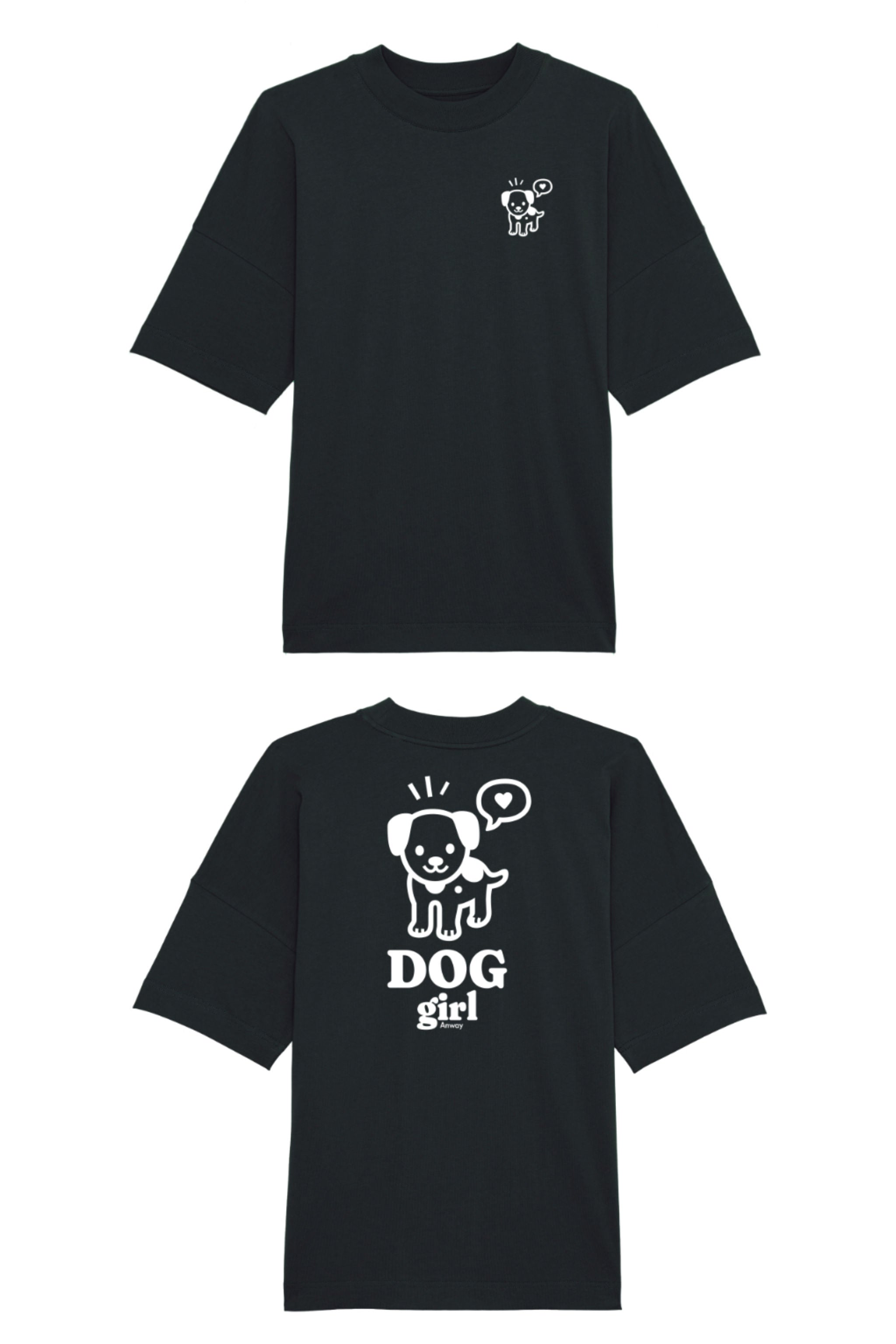 Oversized T-Shirt aus 100 % Bio-Baumwolle mit weitem, modernem Schnitt, erhältlich in Schwarz, Weiss und Natur. Individuell gestaltbar mit Wunschmotiv und frei wählbarer Platzierung. Weiche Qualität, überschnittene Ärmelansätze und lässiger Style für maximalen Tragekomfort. Vorderseite: Mit kleinem weissen Druck eines fröhlichen Hundes auf der linken Brust. Rückseite: Grosser weisser Hundedruck mit Sprechblase und der Aufschrift „DOG girl“.