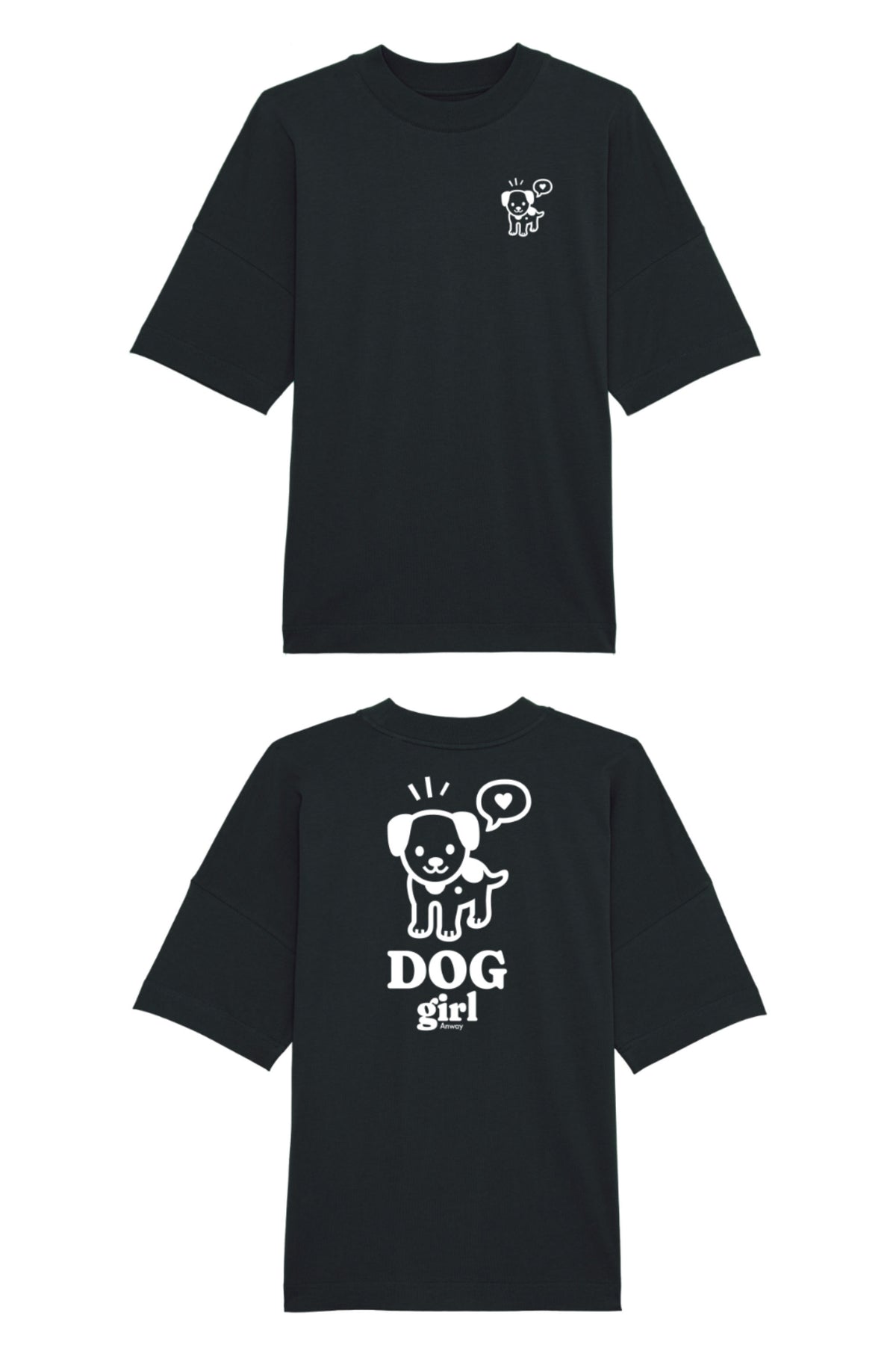 Oversized T-Shirt aus 100 % Bio-Baumwolle mit weitem, modernem Schnitt, erhältlich in Schwarz, Weiss und Natur. Individuell gestaltbar mit Wunschmotiv und frei wählbarer Platzierung. Weiche Qualität, überschnittene Ärmelansätze und lässiger Style für maximalen Tragekomfort. Vorderseite: Mit kleinem weissen Druck eines fröhlichen Hundes auf der linken Brust. Rückseite: Grosser weisser Hundedruck mit Sprechblase und der Aufschrift „DOG girl“.