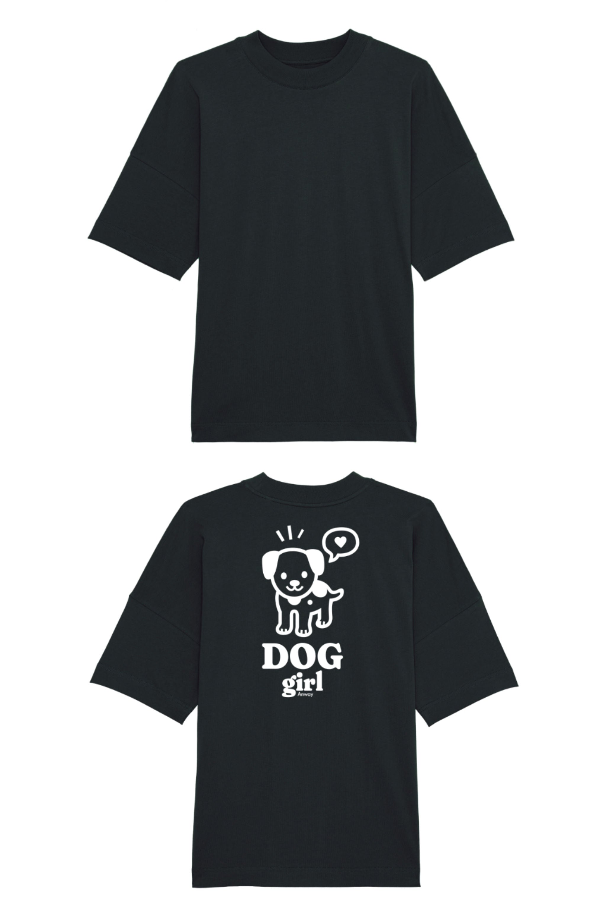Oversized T-Shirt aus 100 % Bio-Baumwolle mit weitem, modernem Schnitt, erhältlich in Schwarz, Weiss und Natur. Individuell gestaltbar mit Wunschmotiv und frei wählbarer Platzierung. Weiche Qualität, überschnittene Ärmelansätze und lässiger Style für maximalen Tragekomfort. Grosser weisser Hundedruck mit Sprechblase und der Aufschrift „DOG girl“ auf der Rückseite.