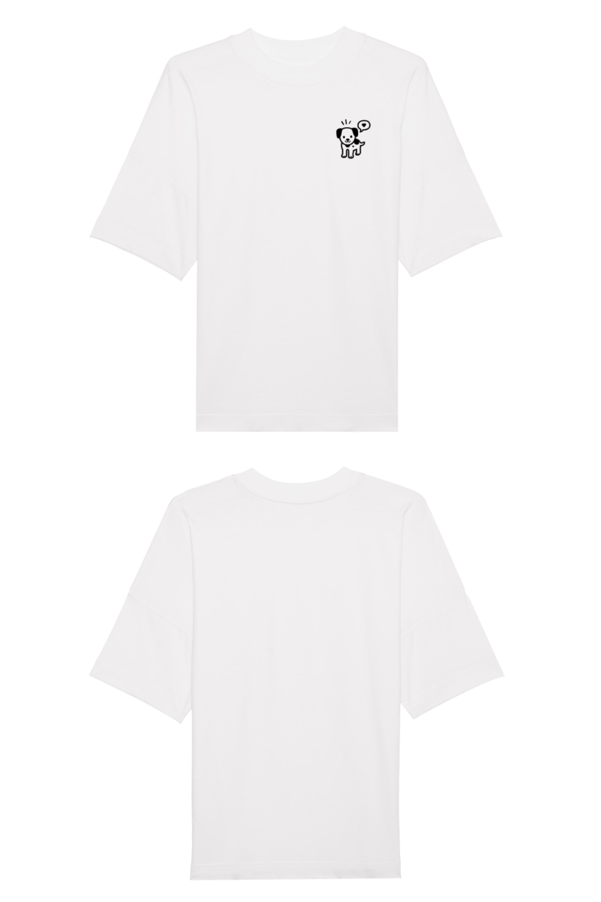 Oversized T-Shirt aus 100 % Bio-Baumwolle mit weitem, modernem Schnitt, erhältlich in Schwarz, Weiss und Natur. Individuell gestaltbar mit Wunschmotiv und frei wählbarer Platzierung. Weiche Qualität, überschnittene Ärmelansätze und lässiger Style für maximalen Tragekomfort. Mit kleinem schwarzen Druck eines fröhlichen Hundes auf der linken Brust.
