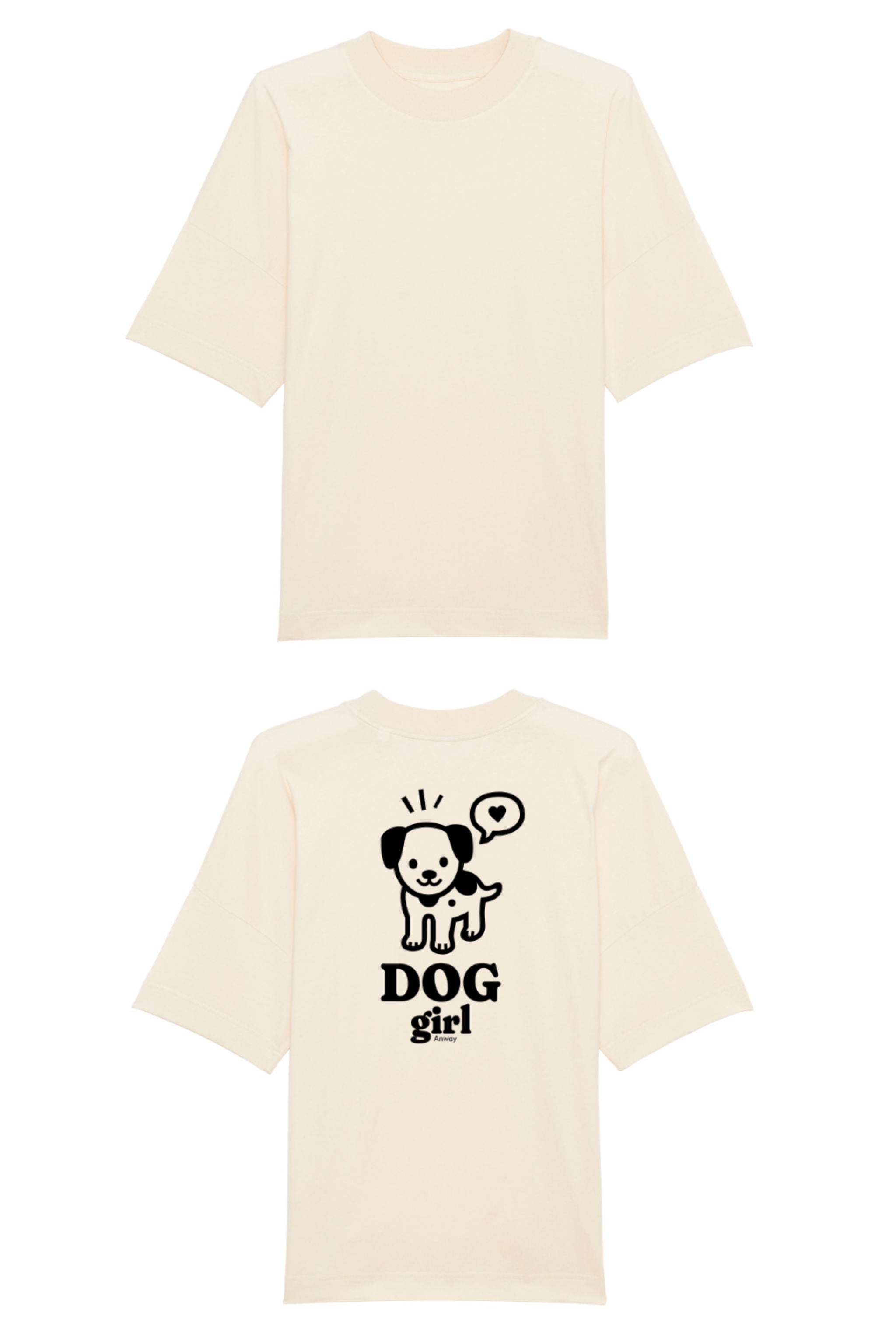 Oversized T-Shirt aus 100 % Bio-Baumwolle mit weitem, modernem Schnitt, erhältlich in Schwarz, Weiss und Natur. Individuell gestaltbar mit Wunschmotiv und frei wählbarer Platzierung. Weiche Qualität, überschnittene Ärmelansätze und lässiger Style für maximalen Tragekomfort. Grosser schwarzer Hundedruck mit Sprechblase und der Aufschrift „DOG girl“ auf der Rückseite.