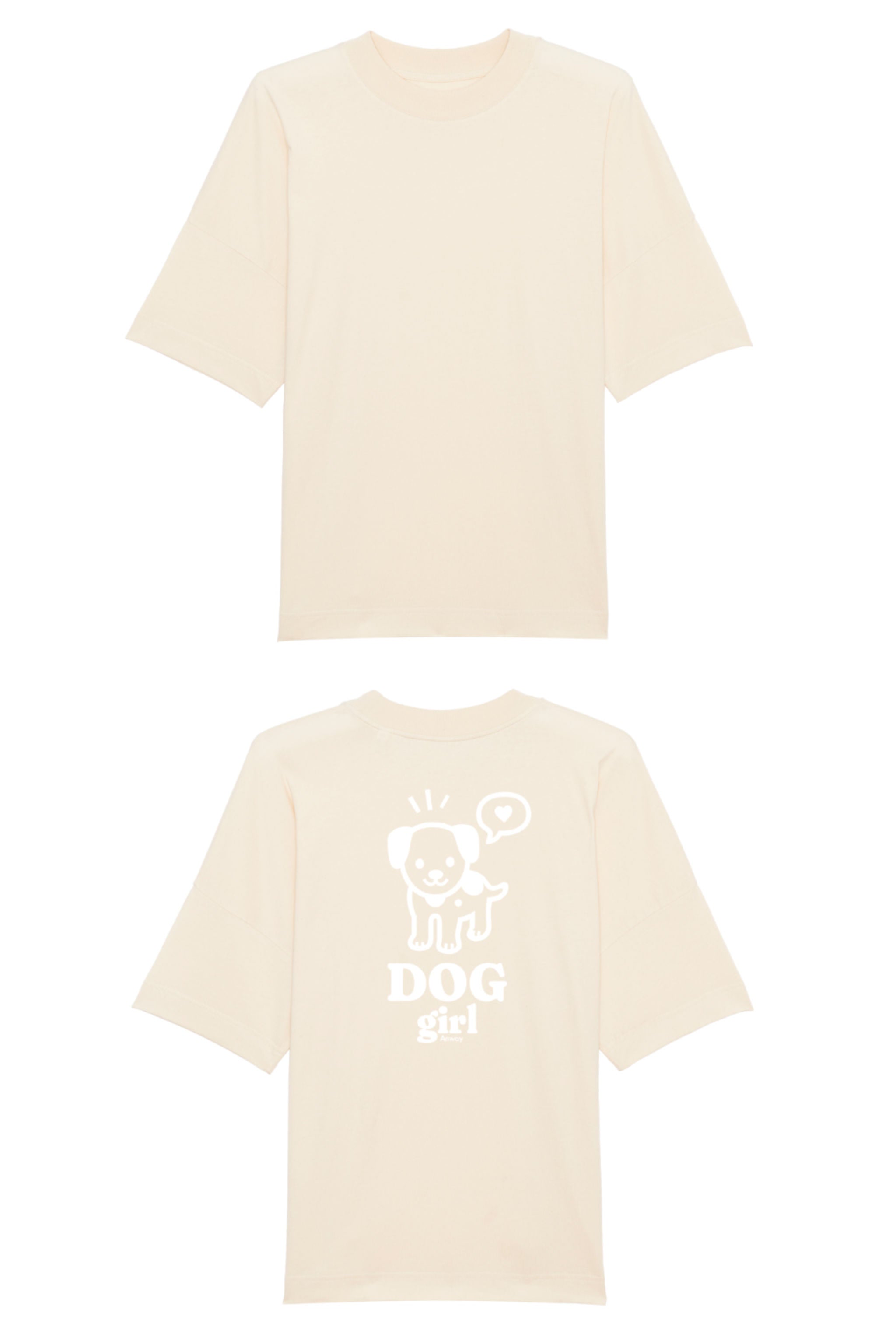 Oversized T-Shirt aus 100 % Bio-Baumwolle mit weitem, modernem Schnitt, erhältlich in Schwarz, Weiss und Natur. Individuell gestaltbar mit Wunschmotiv und frei wählbarer Platzierung. Weiche Qualität, überschnittene Ärmelansätze und lässiger Style für maximalen Tragekomfort. Grosser weisser Hundedruck mit Sprechblase und der Aufschrift „DOG girl“ auf der Rückseite.