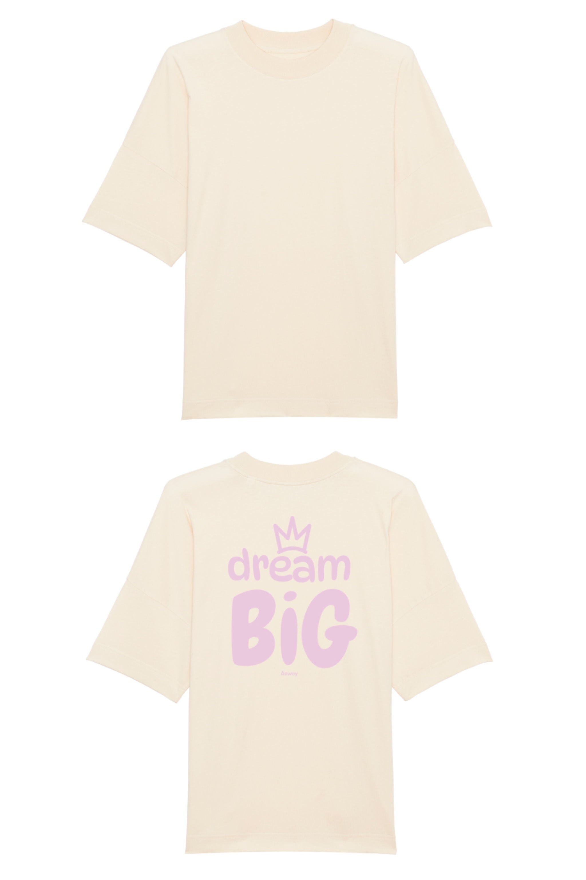 Oversized T-Shirt aus 100 % Bio-Baumwolle mit weitem, modernem Schnitt, erhältlich in Schwarz, Weiss und Natur. Individuell gestaltbar mit Wunschmotiv und frei wählbarer Platzierung. Weiche Qualität, überschnittene Ärmelansätze und lässiger Style für maximalen Tragekomfort. Grosser Schriftzug „dream BIG“ mit Krone darüber auf der Rückseite.