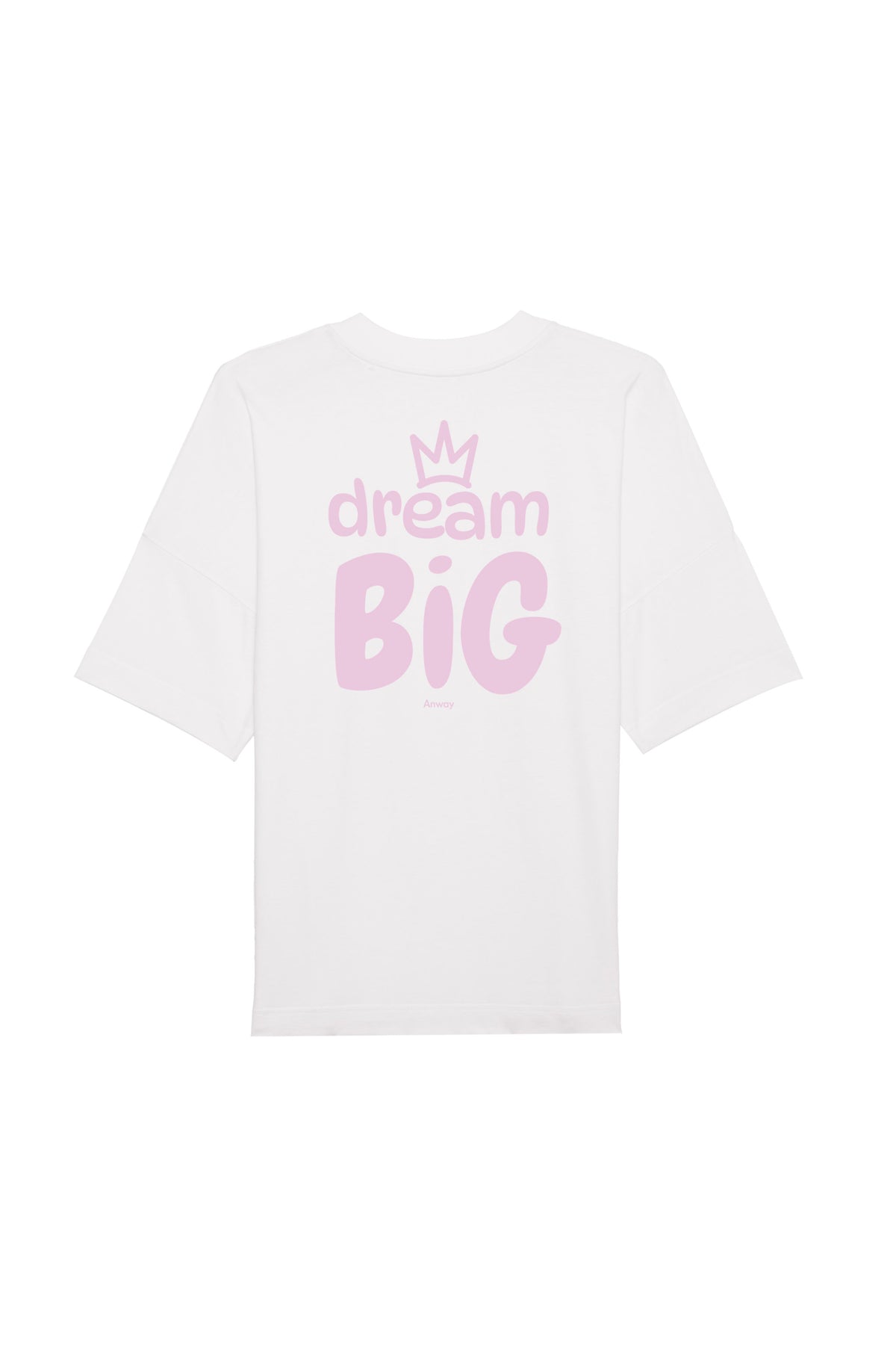 Oversized T-Shirt aus 100 % Bio-Baumwolle mit weitem, modernem Schnitt, erhältlich in Schwarz, Weiss und Natur. Individuell gestaltbar mit Wunschmotiv und frei wählbarer Platzierung. Weiche Qualität, überschnittene Ärmelansätze und lässiger Style für maximalen Tragekomfort. Grosser Schriftzug „dream BIG“ mit Krone darüber auf der Rückseite.